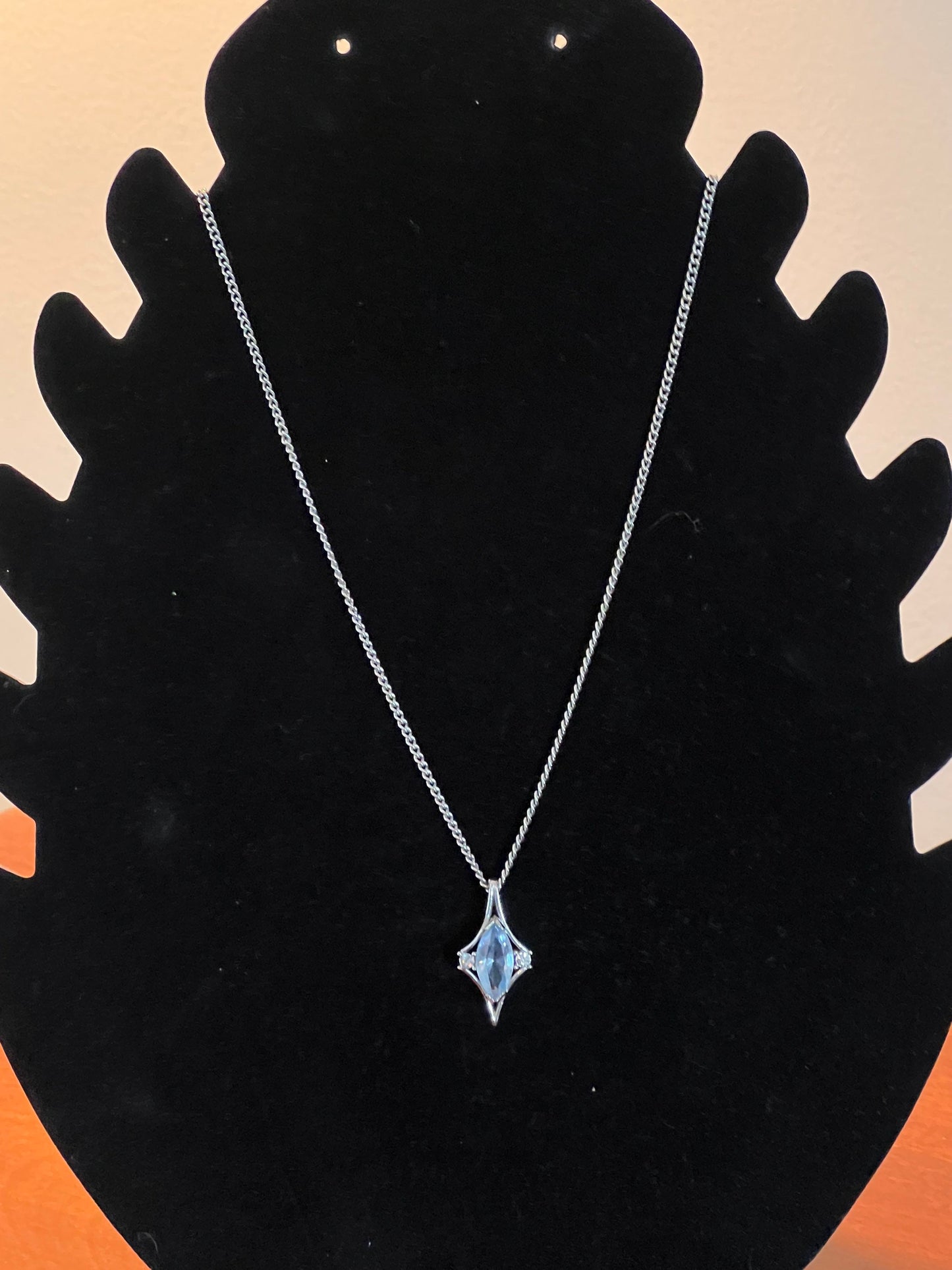 Vintage Pendant Necklace 11” long jewelry in silver tone diamond shaped
