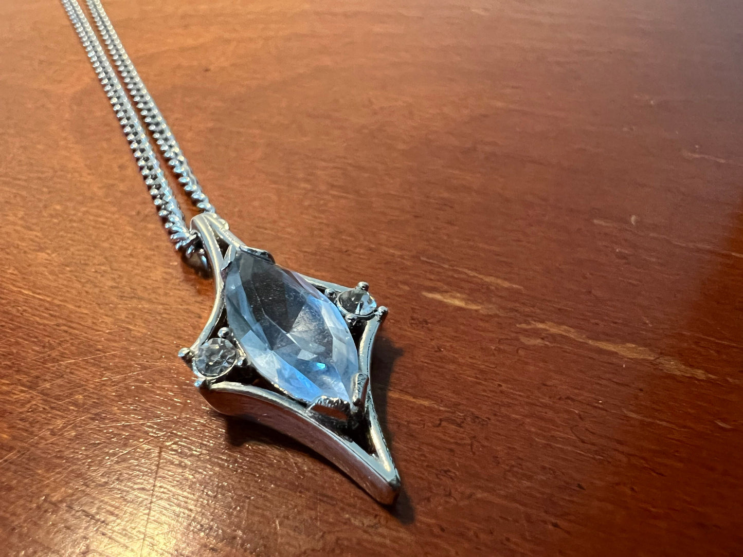 Vintage Pendant Necklace 11” long jewelry in silver tone diamond shaped