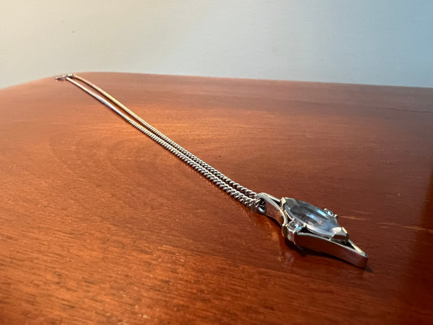 Vintage Pendant Necklace 11” long jewelry in silver tone diamond shaped