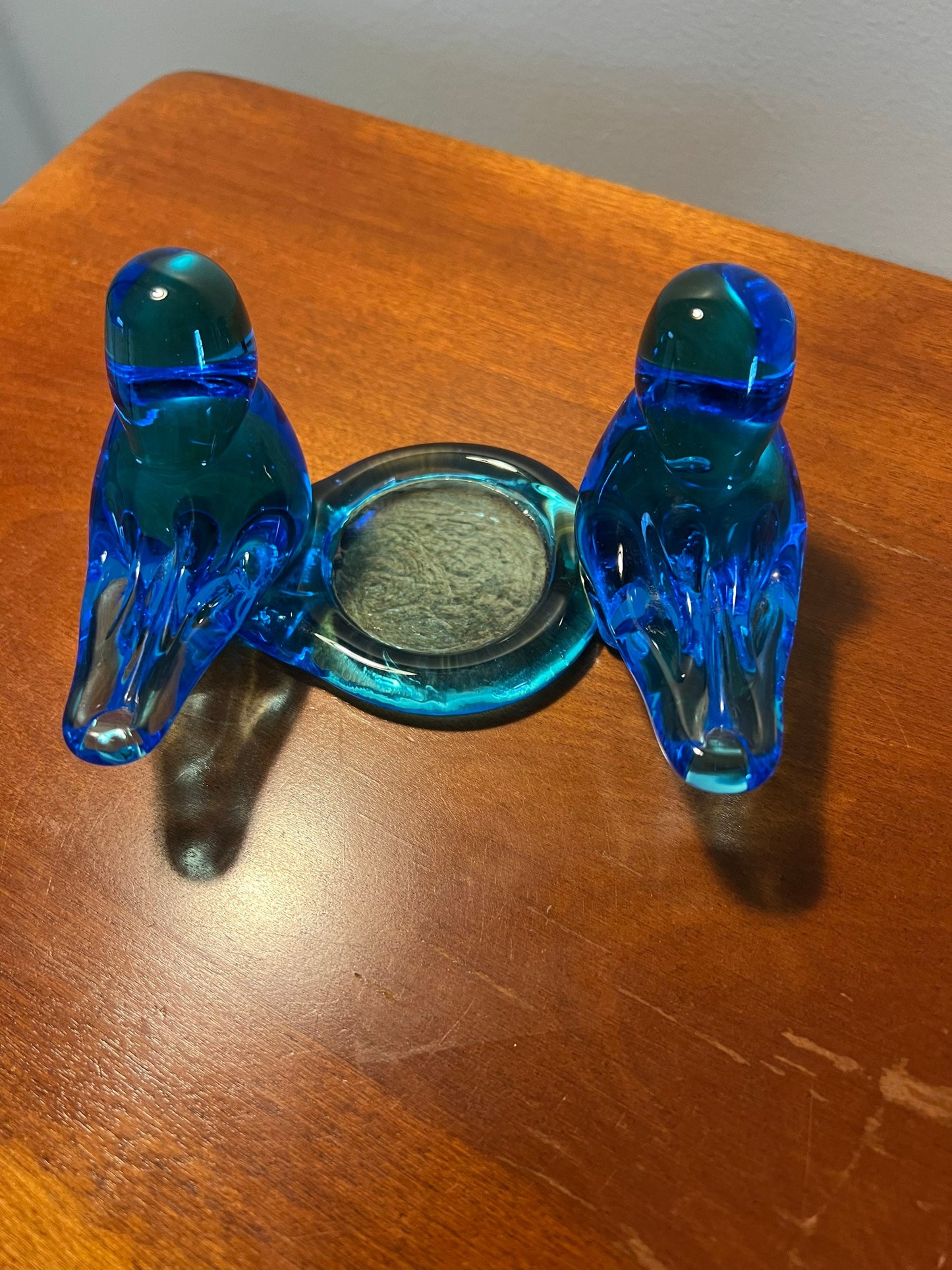 Vintage Pair Double Bluebird of Happiness with Candle Holder blue glass art signed by Ron Ray 1992 birds bird