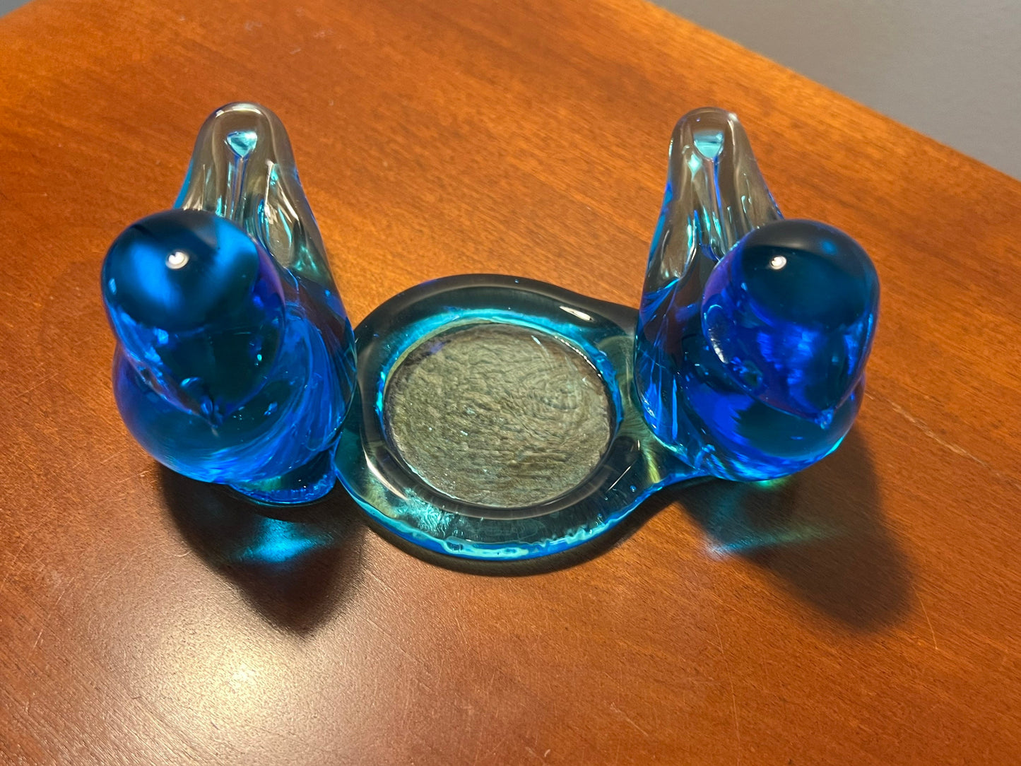 Vintage Pair Double Bluebird of Happiness with Candle Holder blue glass art signed by Ron Ray 1992 birds bird