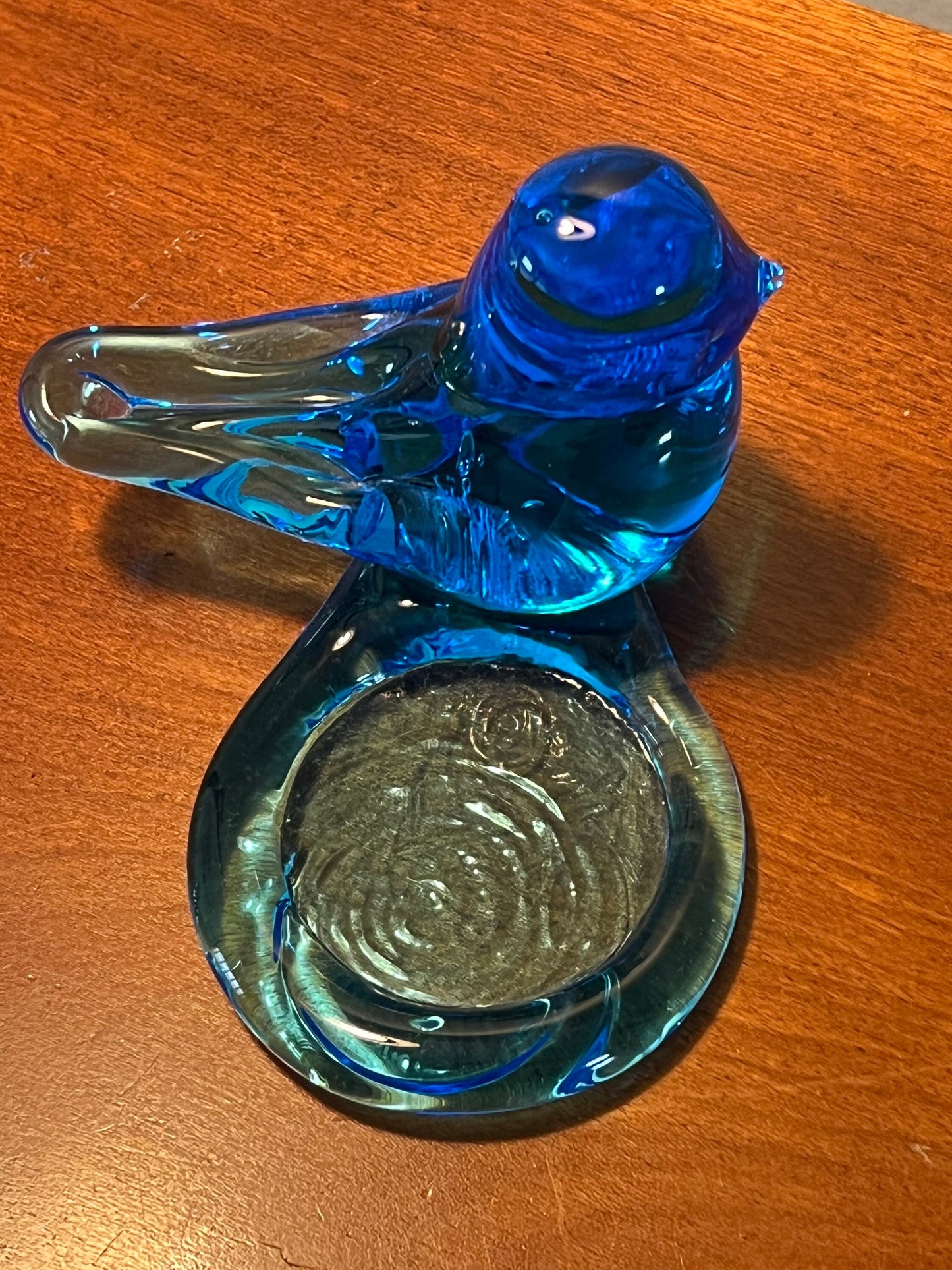 Vintage Bluebird of Happiness with bird bath signed Ron Ray 1995 Blue Art Glass hand blown collectibles
