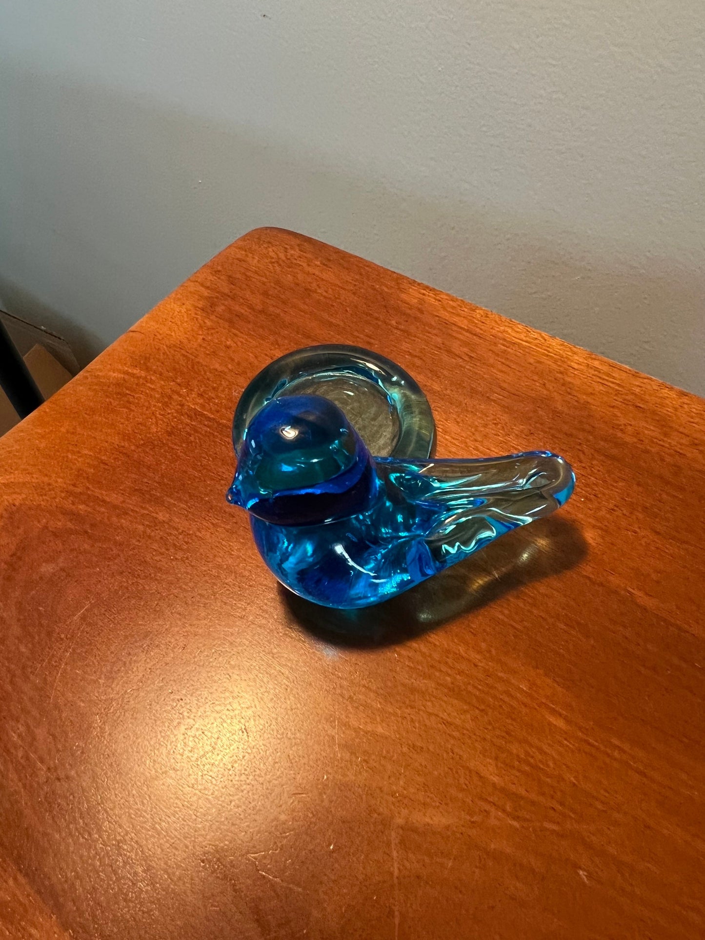 Vintage Bluebird of Happiness with bird bath signed Ron Ray 1995 Blue Art Glass hand blown collectibles