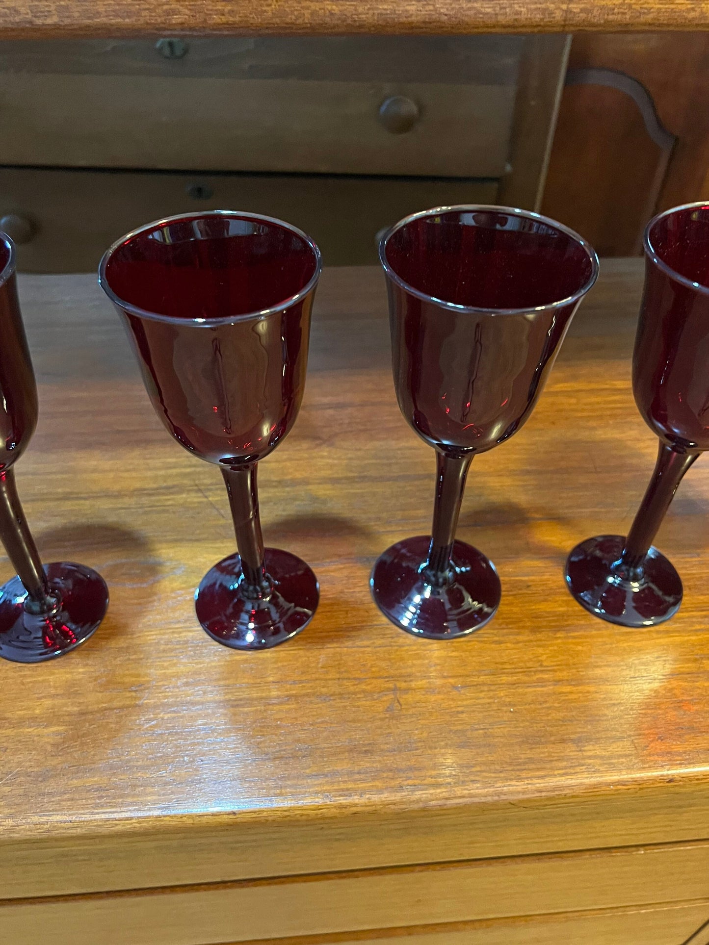 Vintage Ruby Red Glass Tall Glasses Set of 5 Art Glasses 12.5” high 3.5” wide at the top