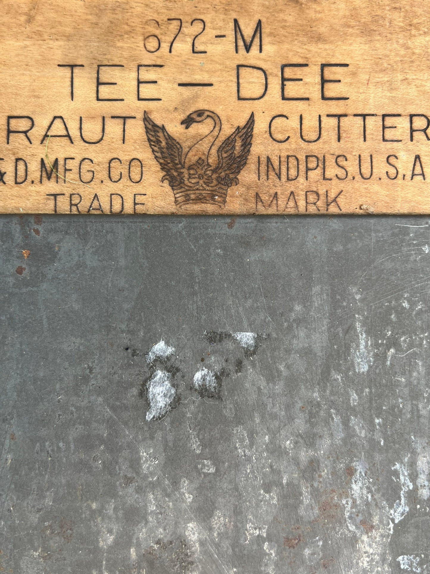 Tee-Dee wooden kraut cutter is marked 672-W T&D MFG Co. INDPLS, USA Vintage Wood Cut