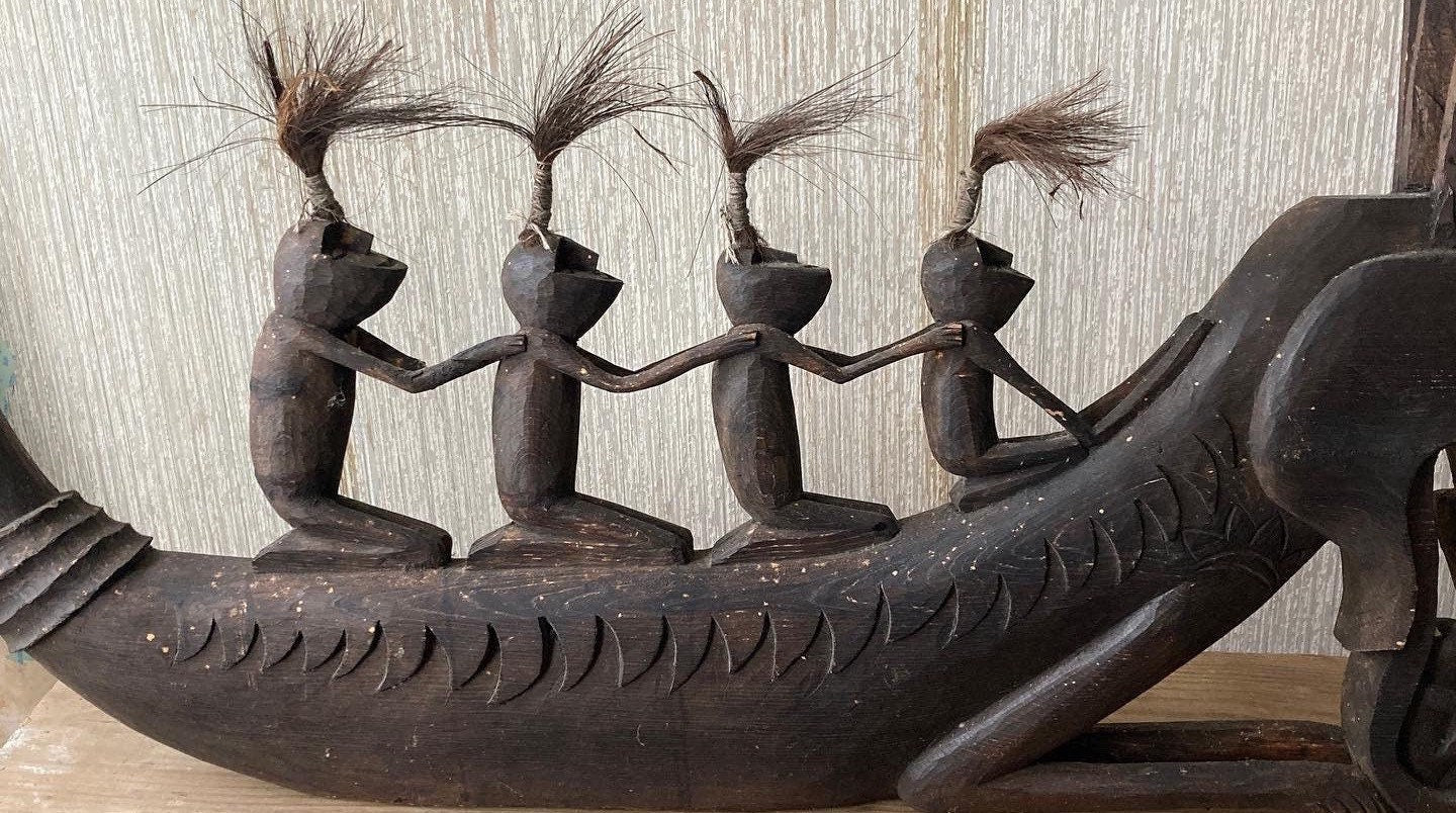 Vintage Hand Carved Dragon Boat with 6 Passengers Sculpture Wood Carving, Borneo Tribe Carving, Lover Antiques and Vintage