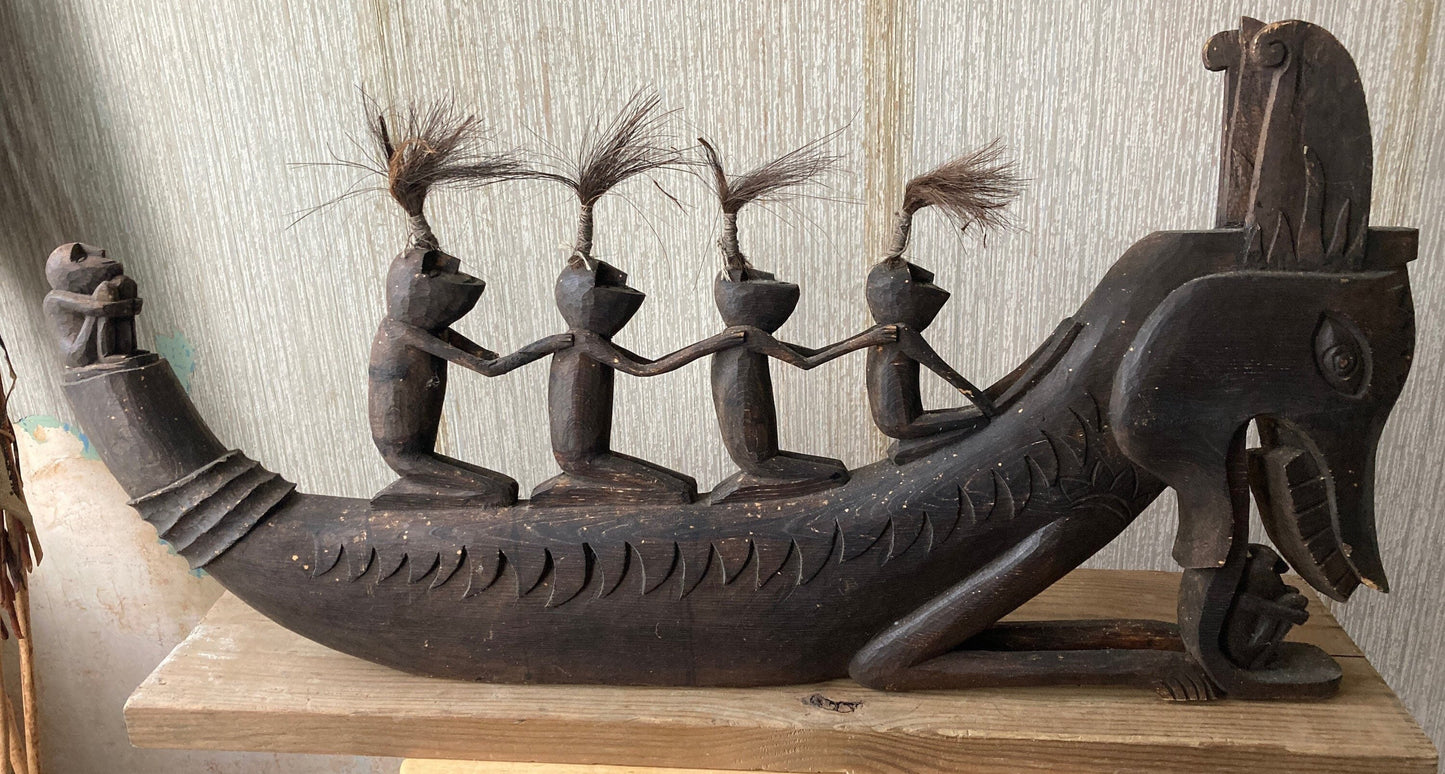 Vintage Hand Carved Dragon Boat with 6 Passengers Sculpture Wood Carving, Borneo Tribe Carving, Lover Antiques and Vintage