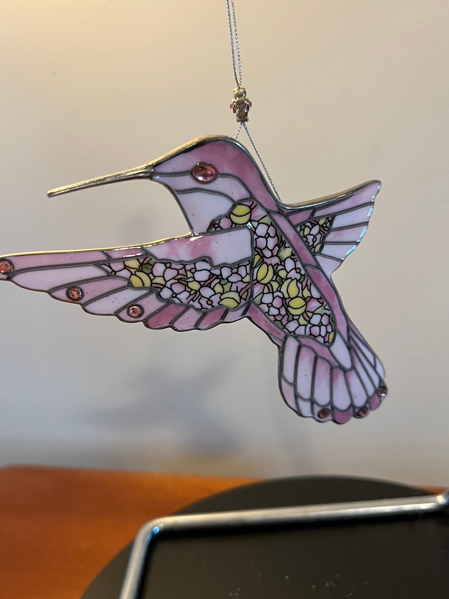 Vintage Hummingbird Stained Glass Art Sun Catcher pink bird