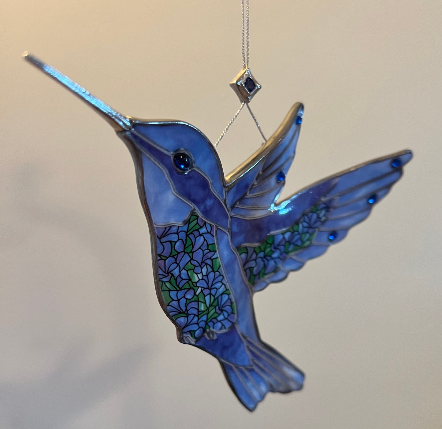 Vintage Hummingbird Stained Glass Art Sun Catcher bird blue
