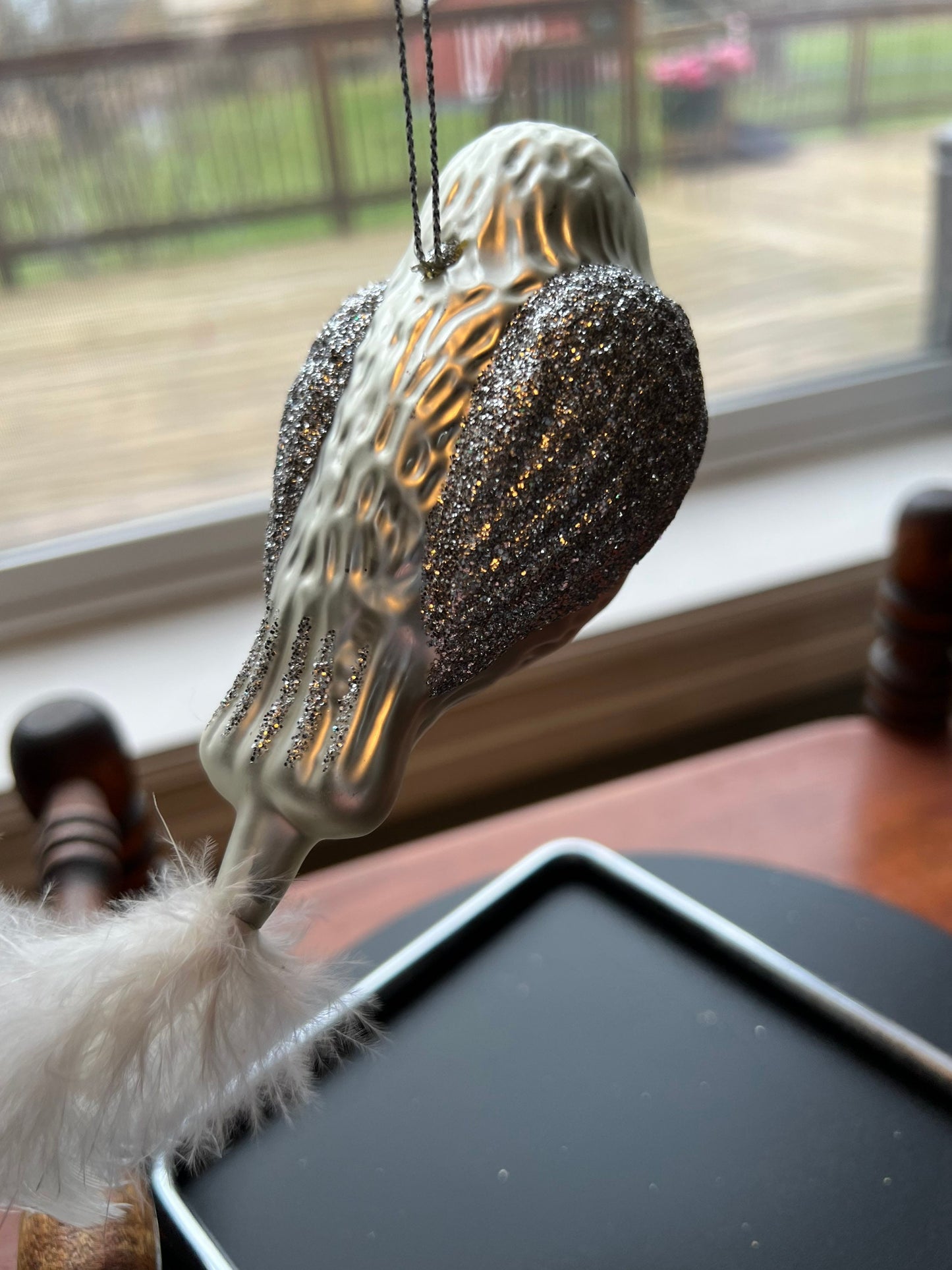 Vintage Silver Bird with White Feathers Ornament glass art Mid Century Modern ornaments Christmas Holiday