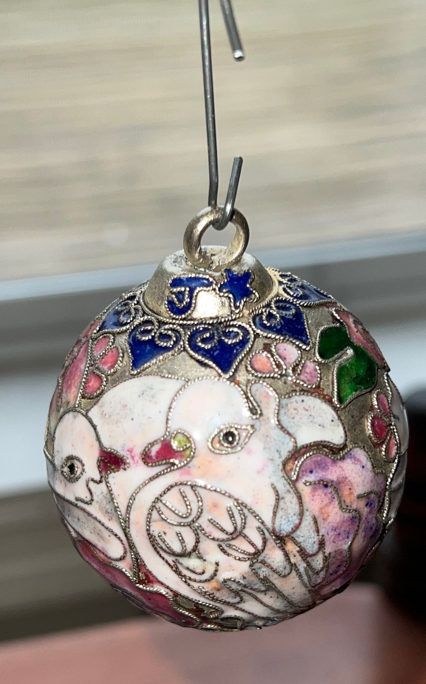 Vintage Cloisonné Christmas Holiday Round Ornament with Doves and Pink Flowers from NYCO Ornaments Silver Tone Lover Antiques and Vintage