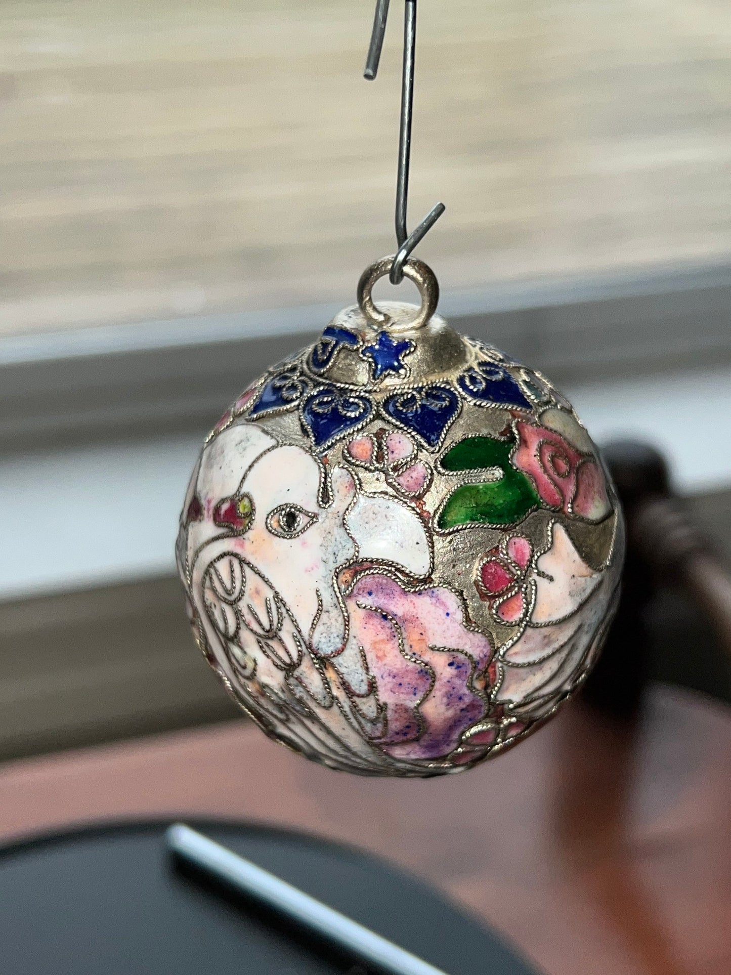 Vintage Cloisonné Christmas Holiday Round Ornament with Doves and Pink Flowers from NYCO Ornaments Silver Tone Lover Antiques and Vintage