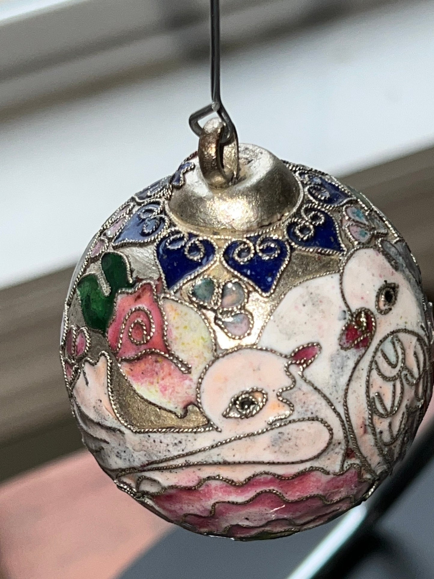Vintage Cloisonné Christmas Holiday Round Ornament with Doves and Pink Flowers from NYCO Ornaments Silver Tone Lover Antiques and Vintage