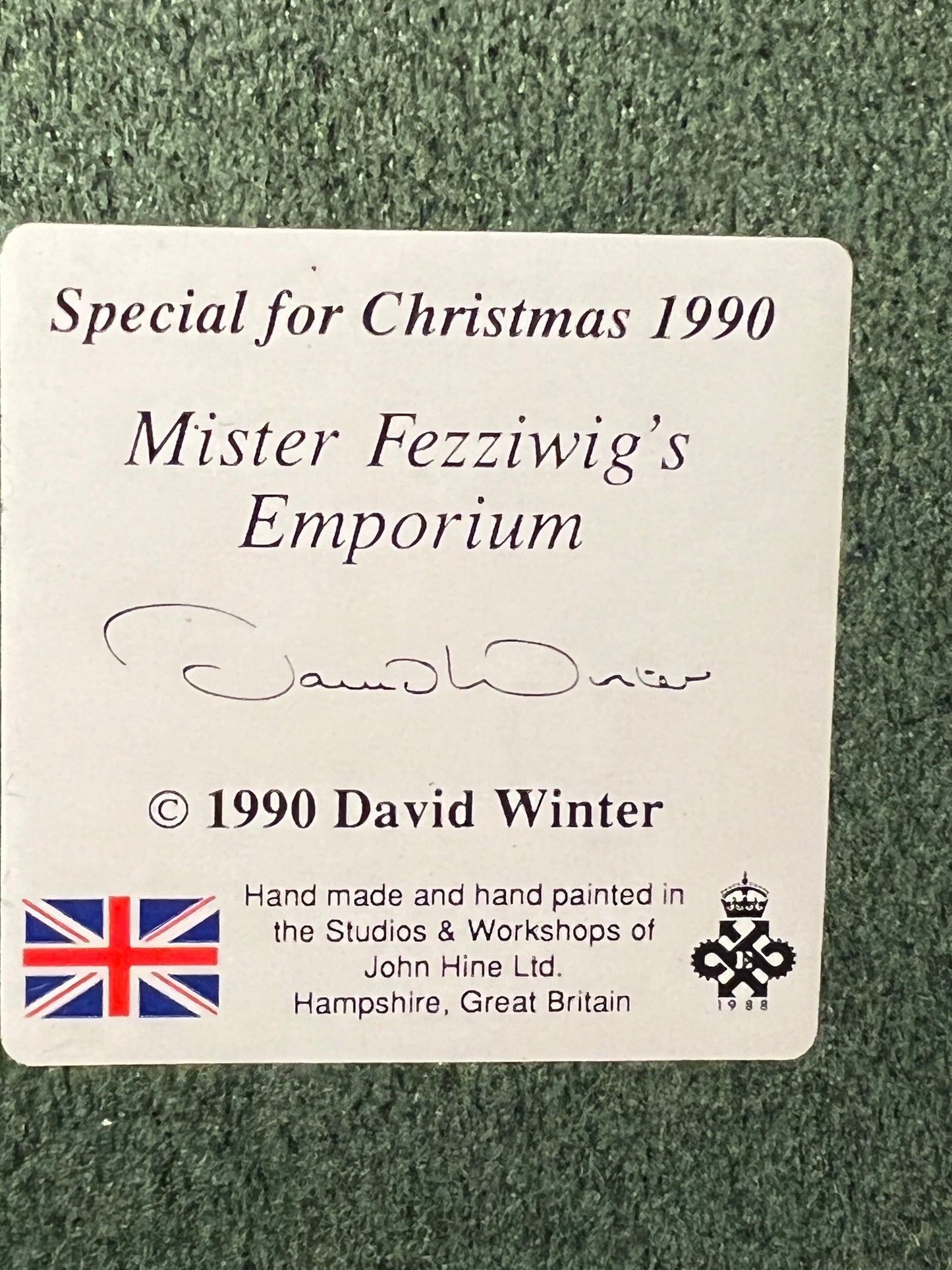 Vintage Mister Fezziwig’s Emporium by David Winter Special for Christmas Cottages handmade hand painted by John Hine, LTD Great Britain 1990