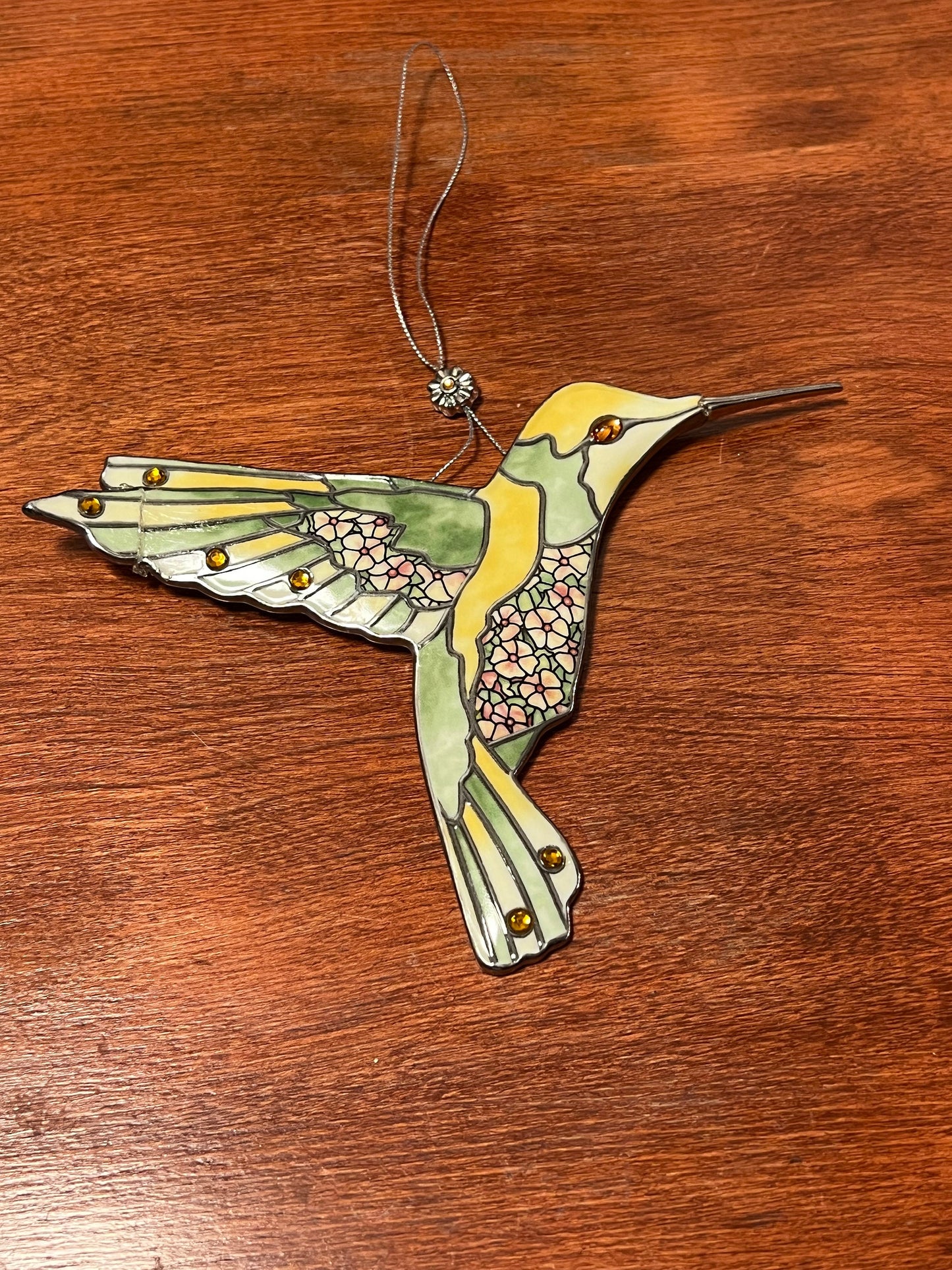 Vintage Yellow & Green Hummingbird Stained Glass Art Sun Catcher pink bird ornament Bradford Exchange Garden Jewels