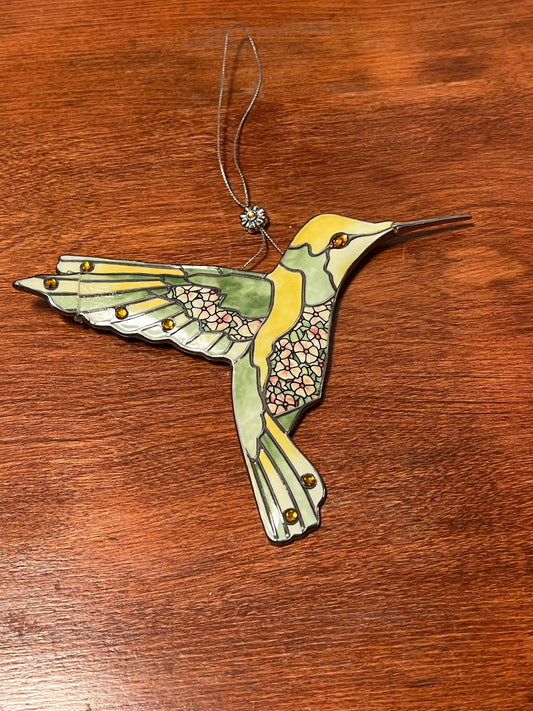 Vintage Yellow & Green Hummingbird Stained Glass Art Sun Catcher pink bird ornament Bradford Exchange Garden Jewels
