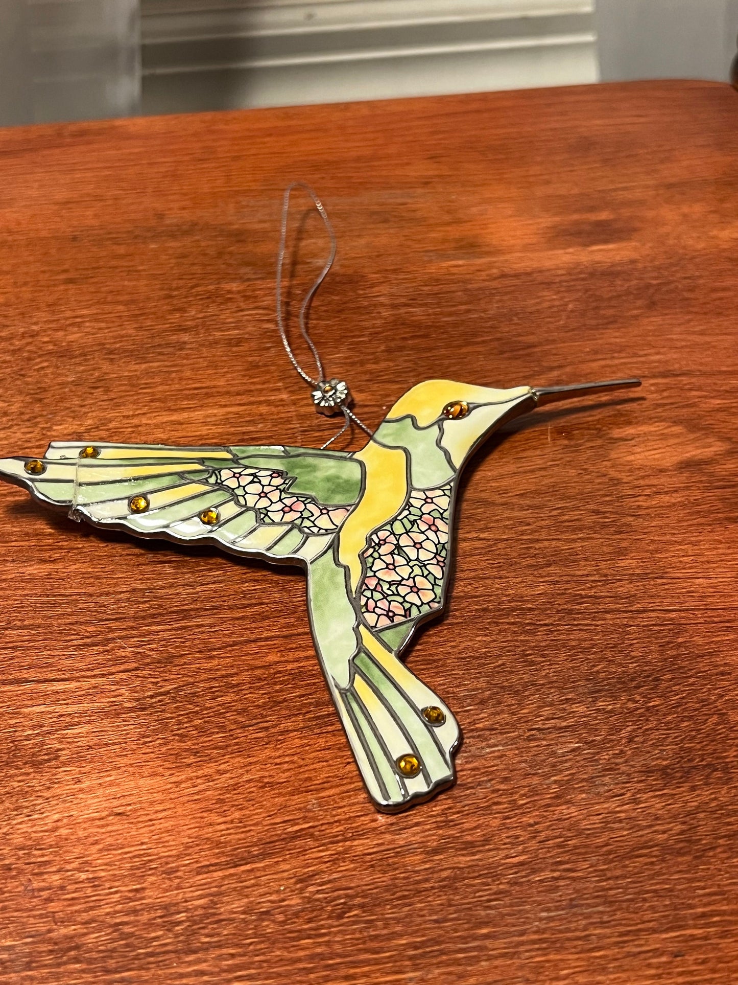 Vintage Yellow & Green Hummingbird Stained Glass Art Sun Catcher pink bird ornament Bradford Exchange Garden Jewels