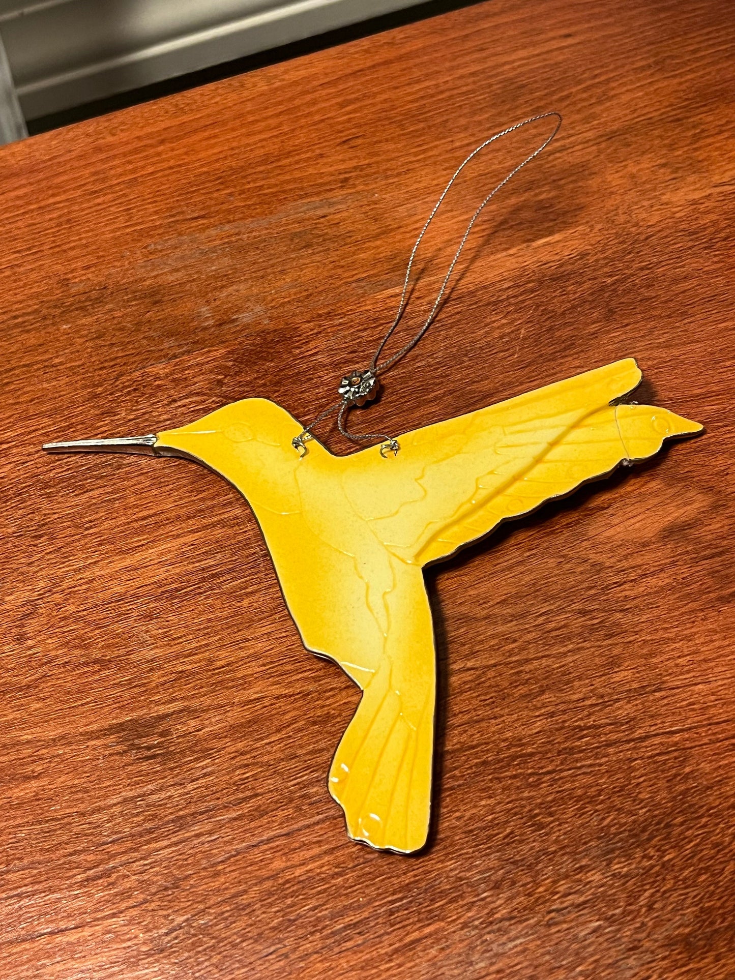 Vintage Yellow & Green Hummingbird Stained Glass Art Sun Catcher pink bird ornament Bradford Exchange Garden Jewels