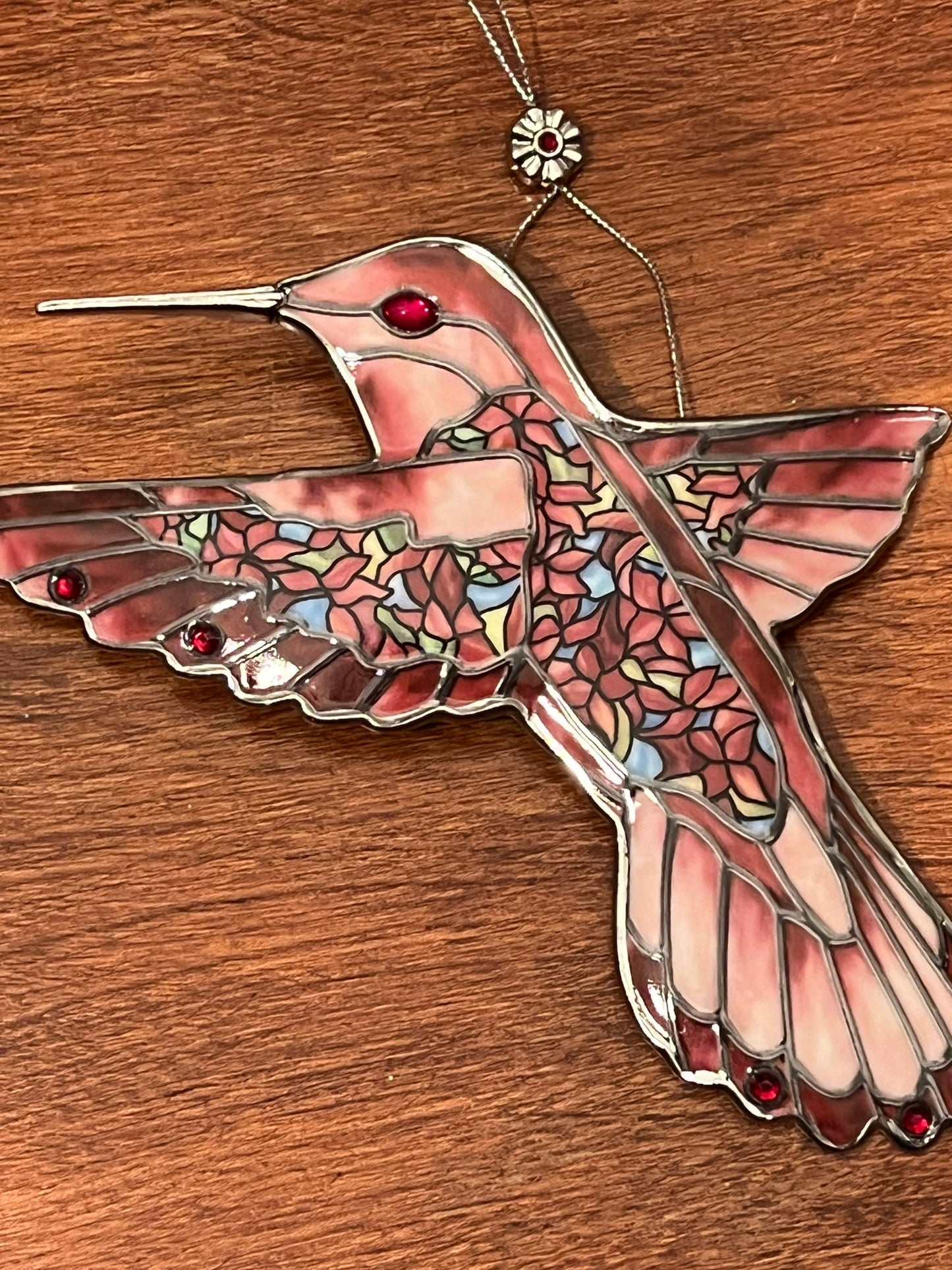 Vintage Red Pink Hummingbird Stained Glass Art Sun Catcher pink bird ornament Bradford Exchange Garden Jewels Ornament Bird