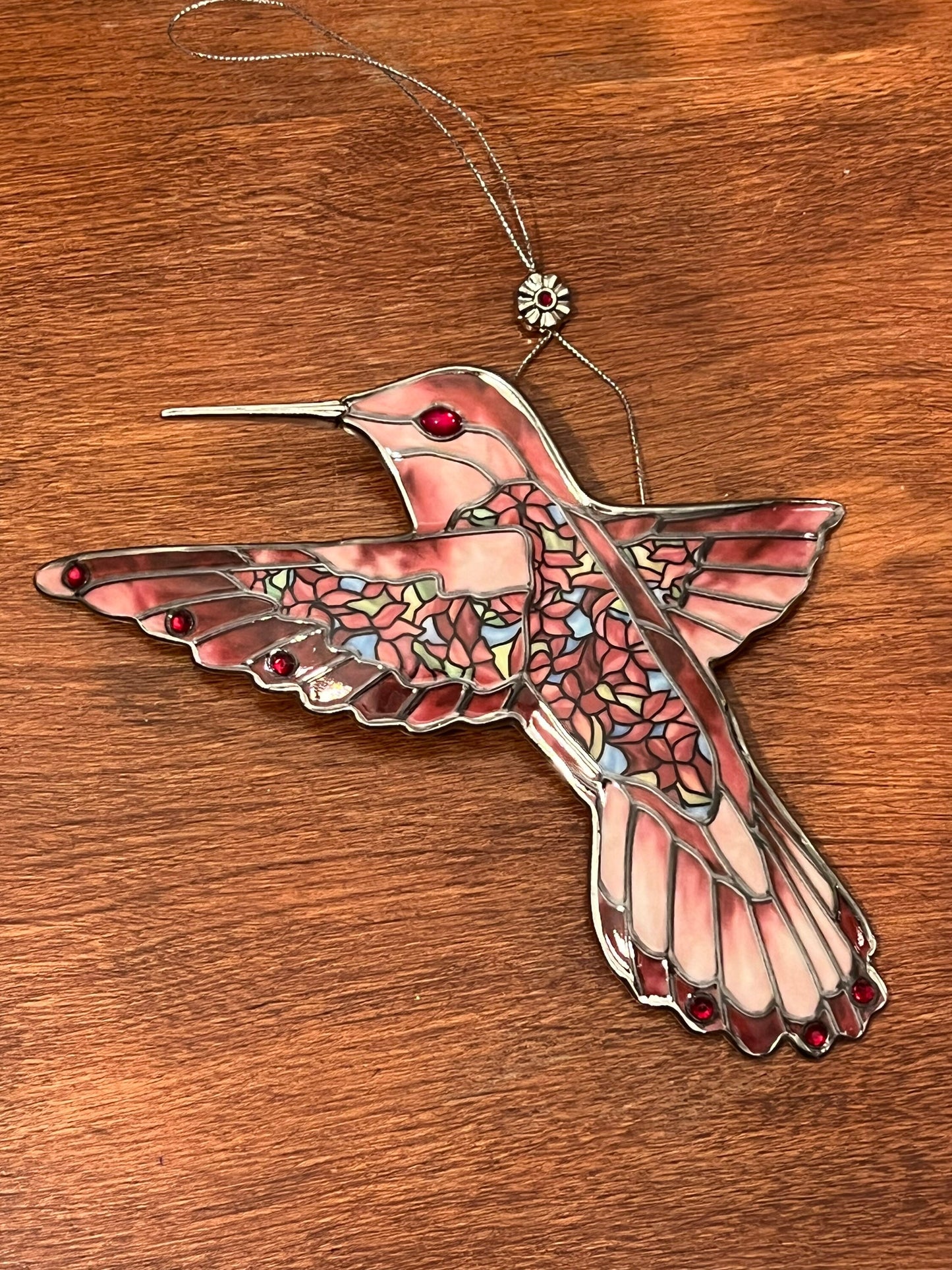 Vintage Red Pink Hummingbird Stained Glass Art Sun Catcher pink bird ornament Bradford Exchange Garden Jewels Ornament Bird
