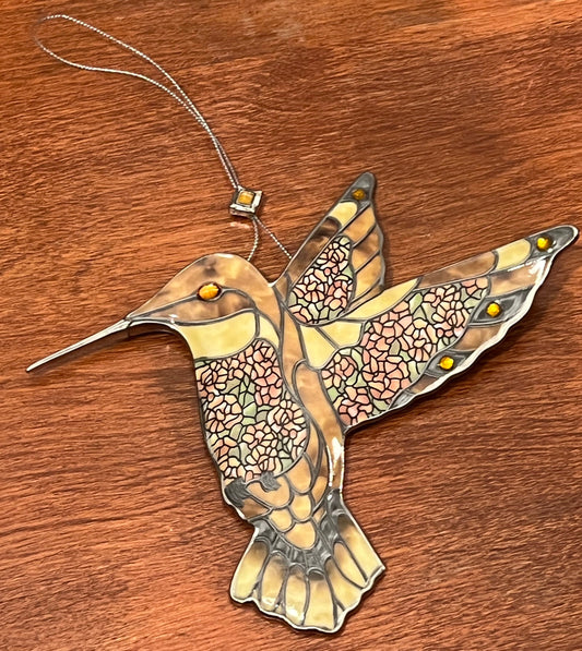 Vintage Yellow Orange Hummingbird Stained Glass Art Sun Catcher pink bird ornament Bradford Exchange Garden Jewels Ornament Bird