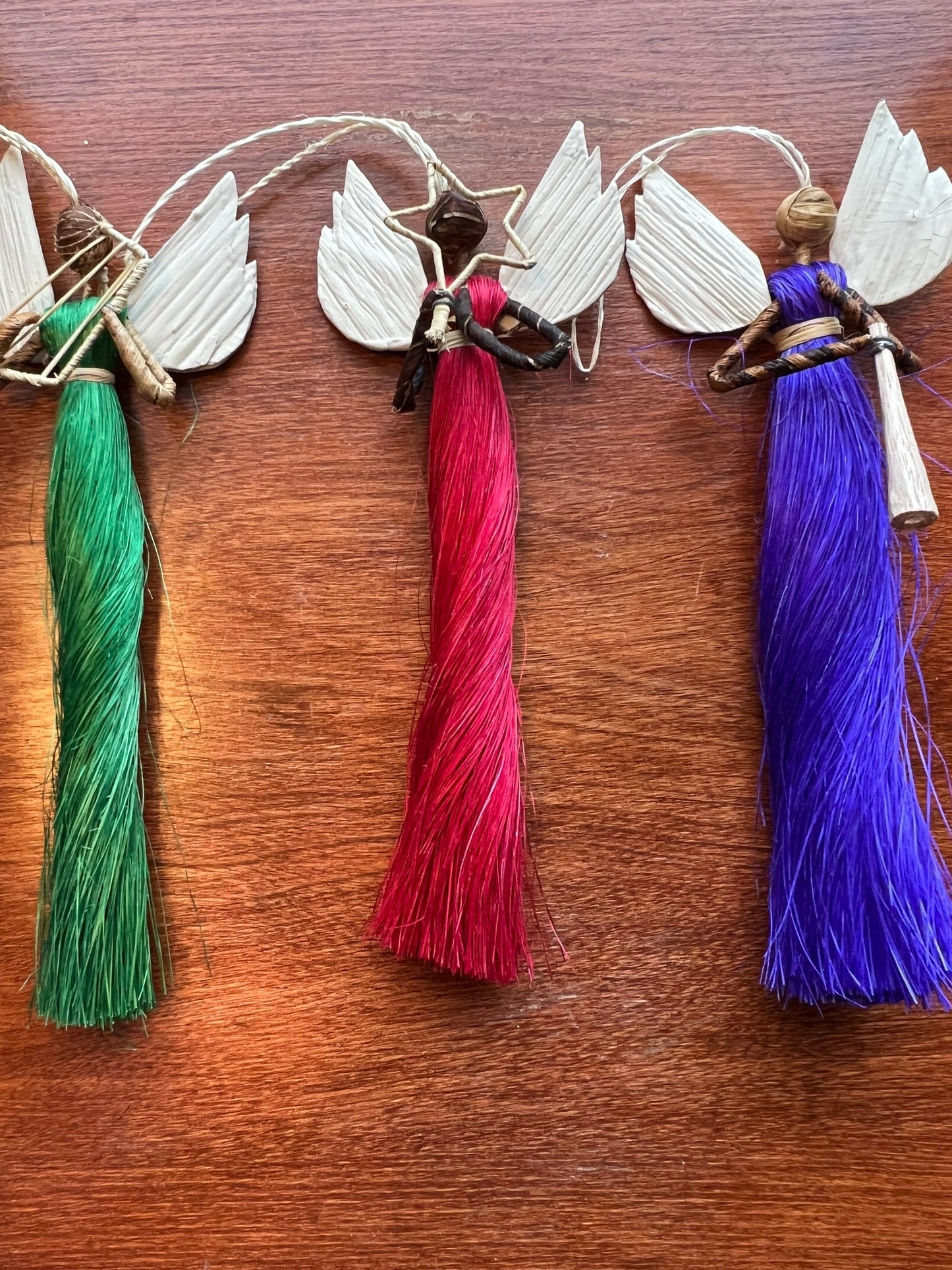 Bamboula Angel Ornaments Set of 3 Hand Crafted African Collection of 3 Ornaments Instruments Music Song Red Green Blue ornament handmade