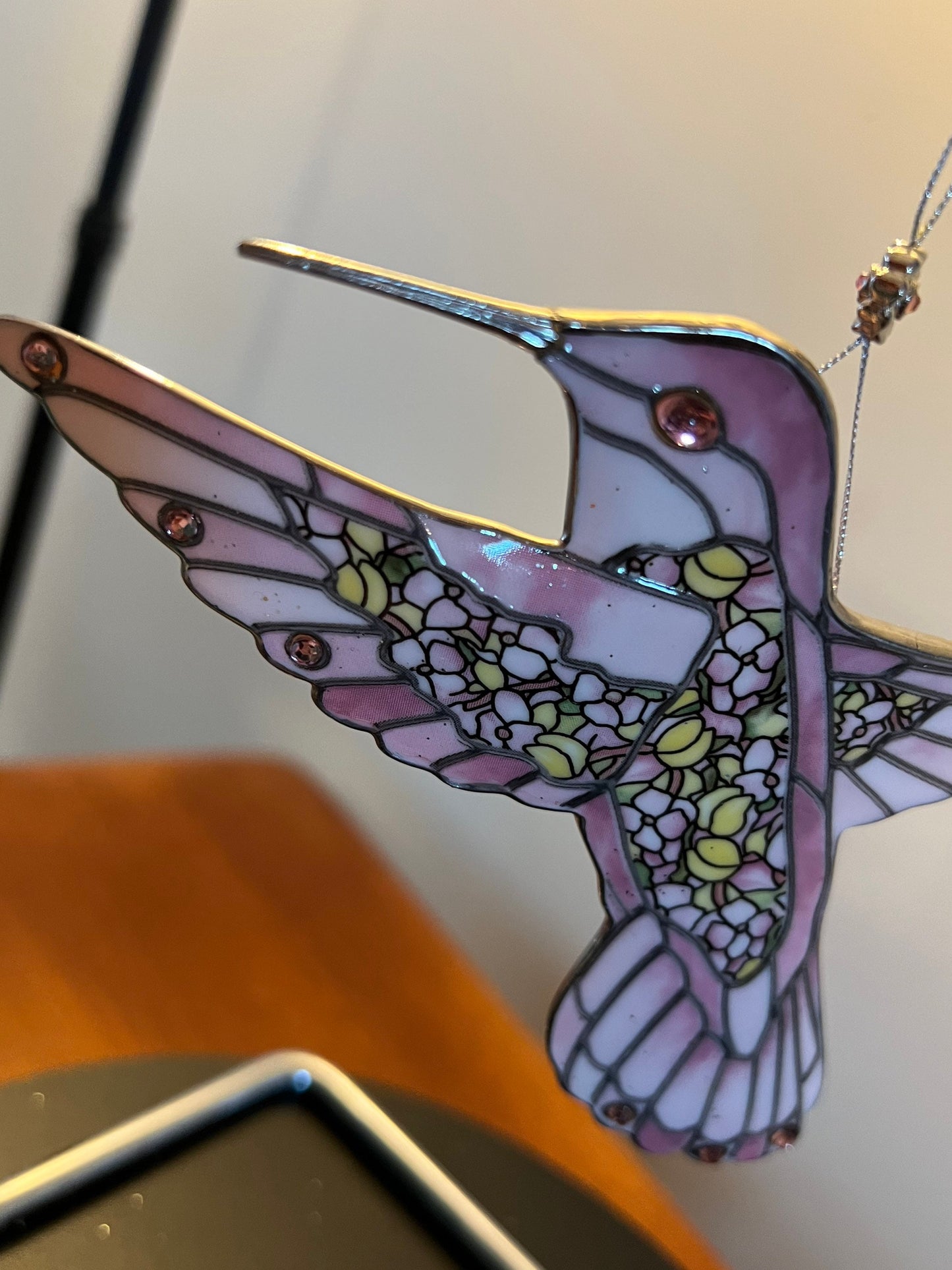 Vintage Hummingbird Stained Glass Art Sun Catcher pink bird
