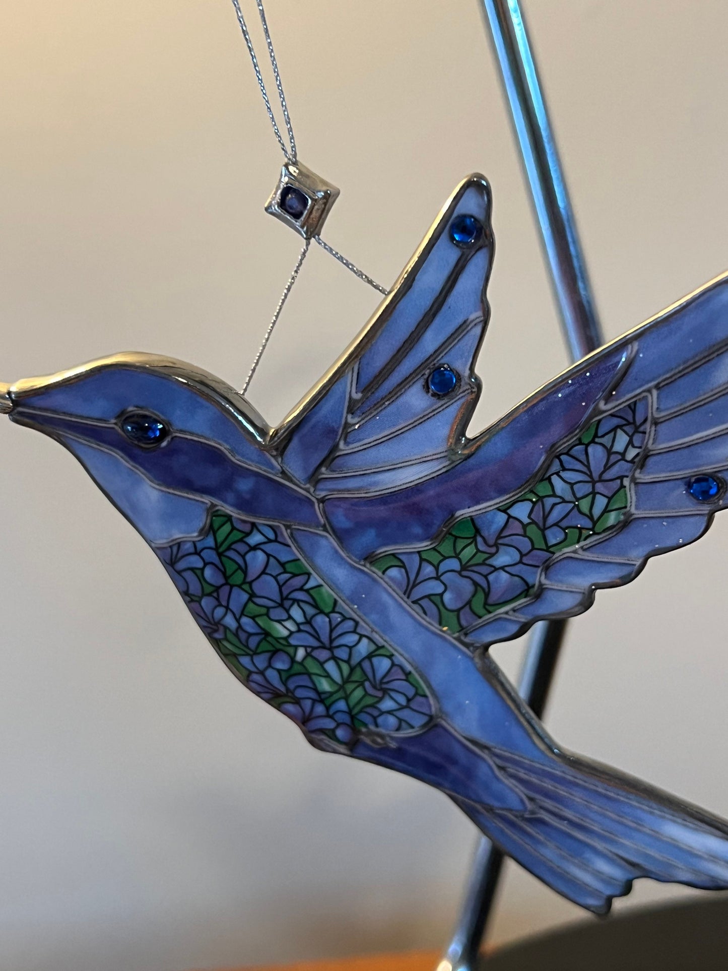 Vintage Hummingbird Stained Glass Art Sun Catcher bird blue