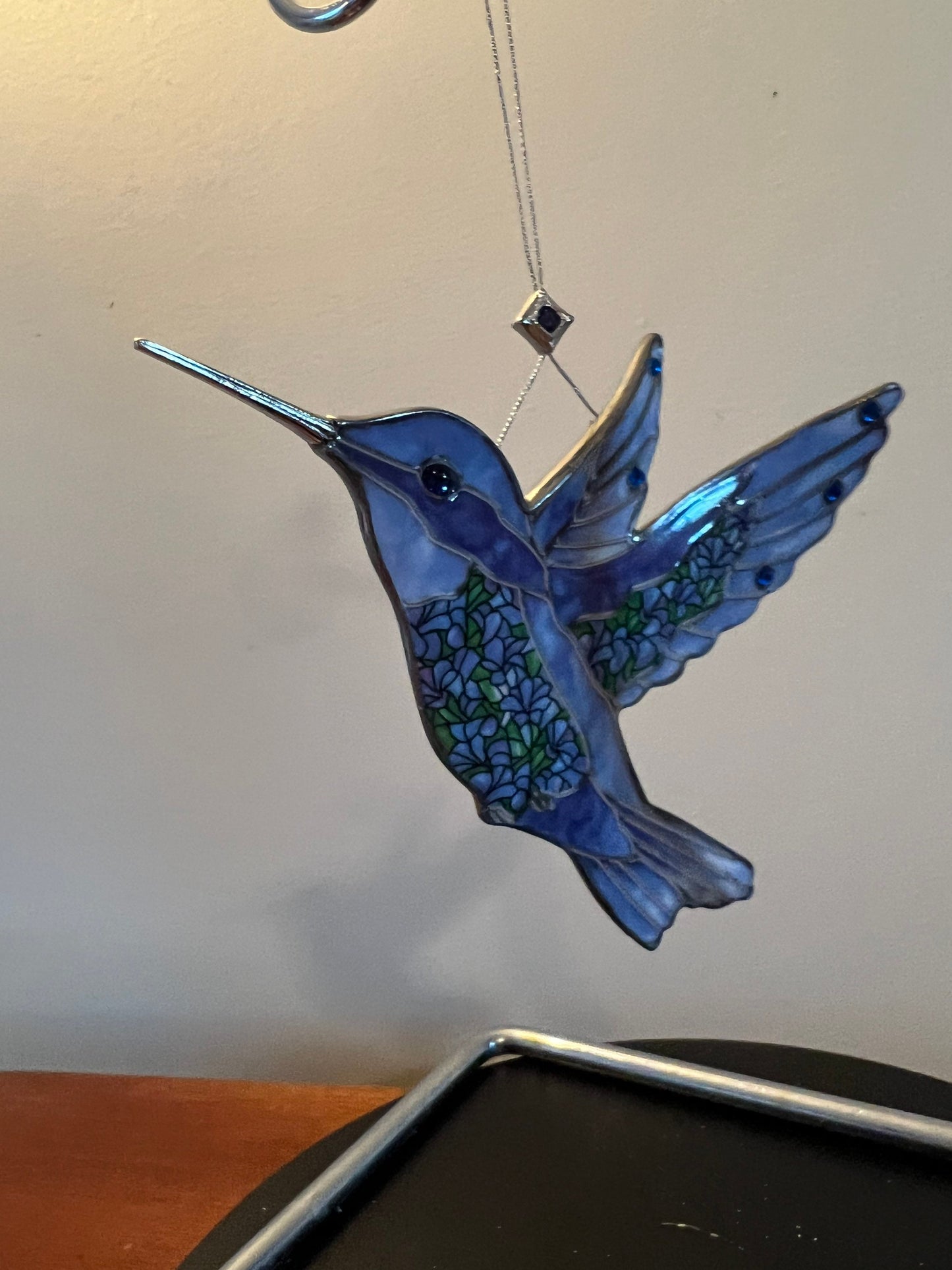 Vintage Hummingbird Stained Glass Art Sun Catcher bird blue