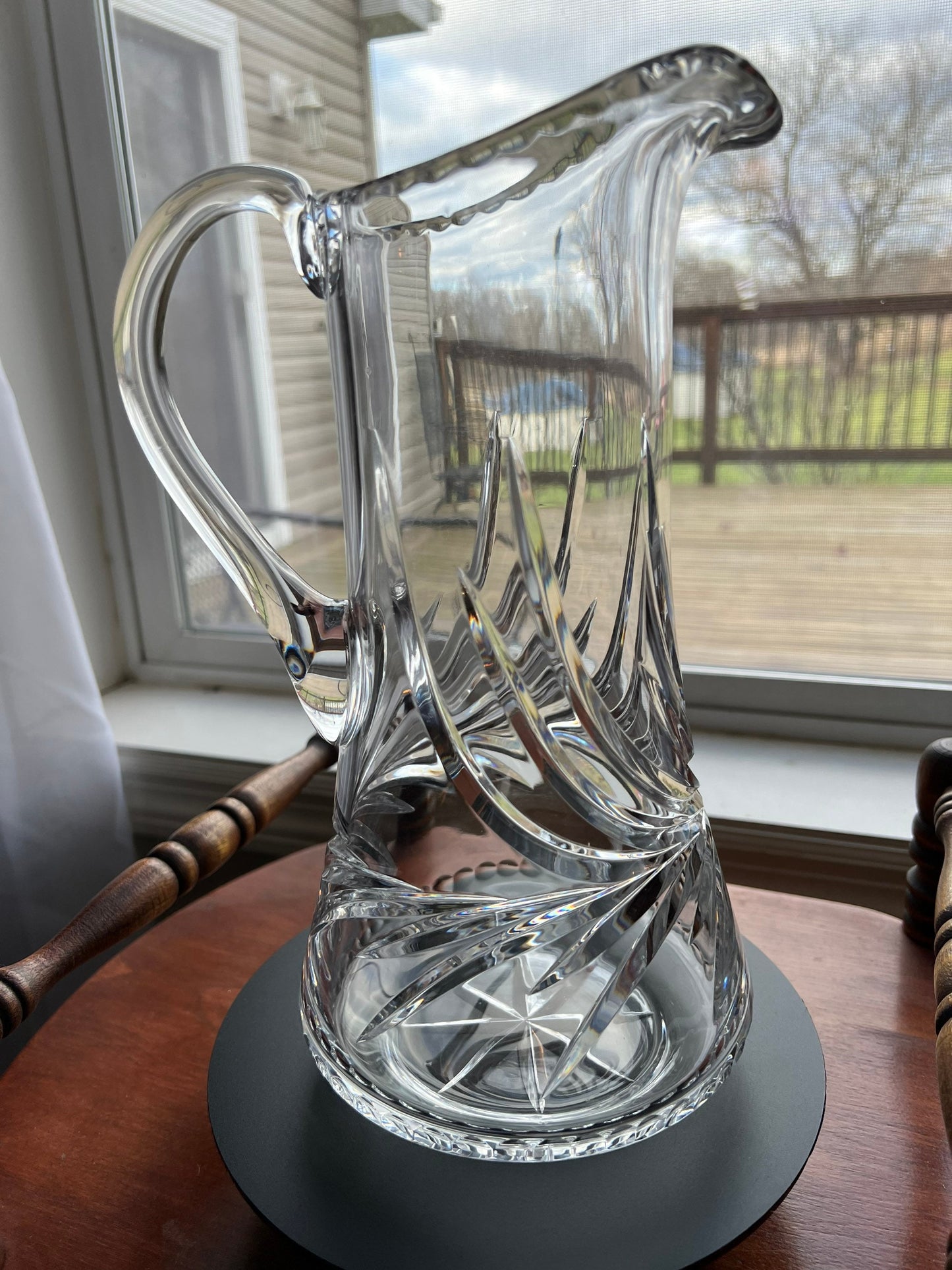 Vintage Cut Crystal Glass Pitcher Mid Century Modern Art Glass Beautiful Spout Heavy Glass