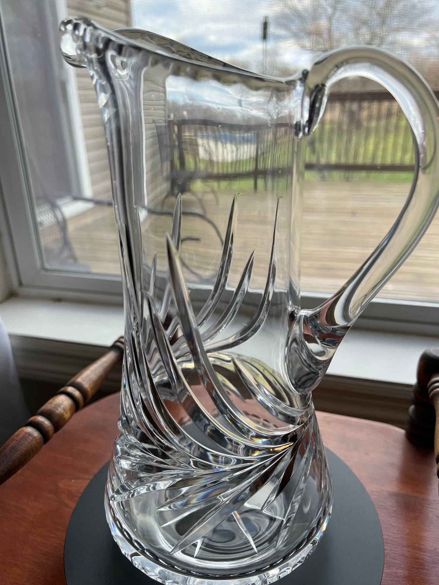 Vintage Cut Crystal Glass Pitcher Mid Century Modern Art Glass Beautiful Spout Heavy Glass