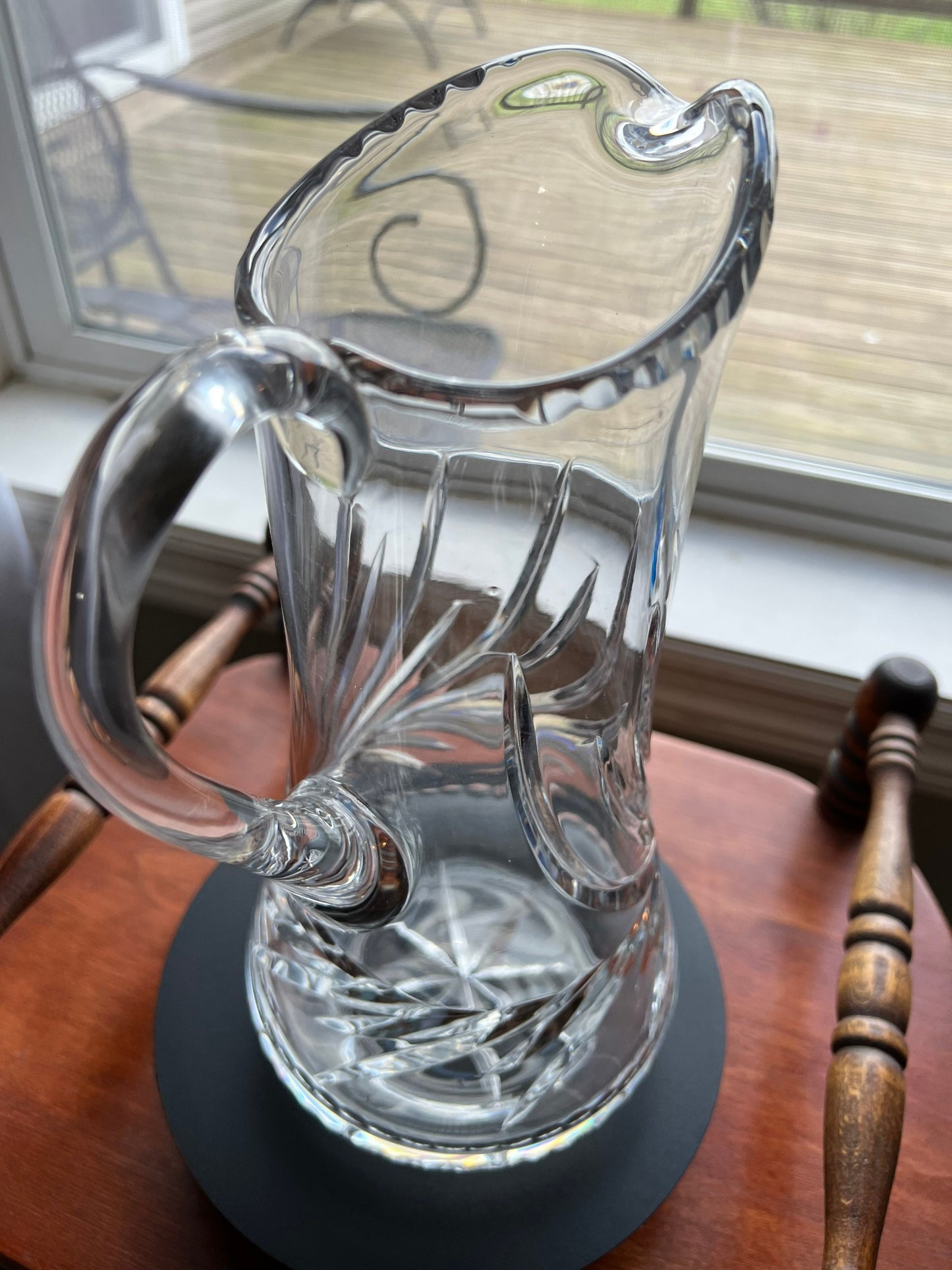Vintage Cut Crystal Glass Pitcher Mid Century Modern Art Glass Beautiful Spout Heavy Glass