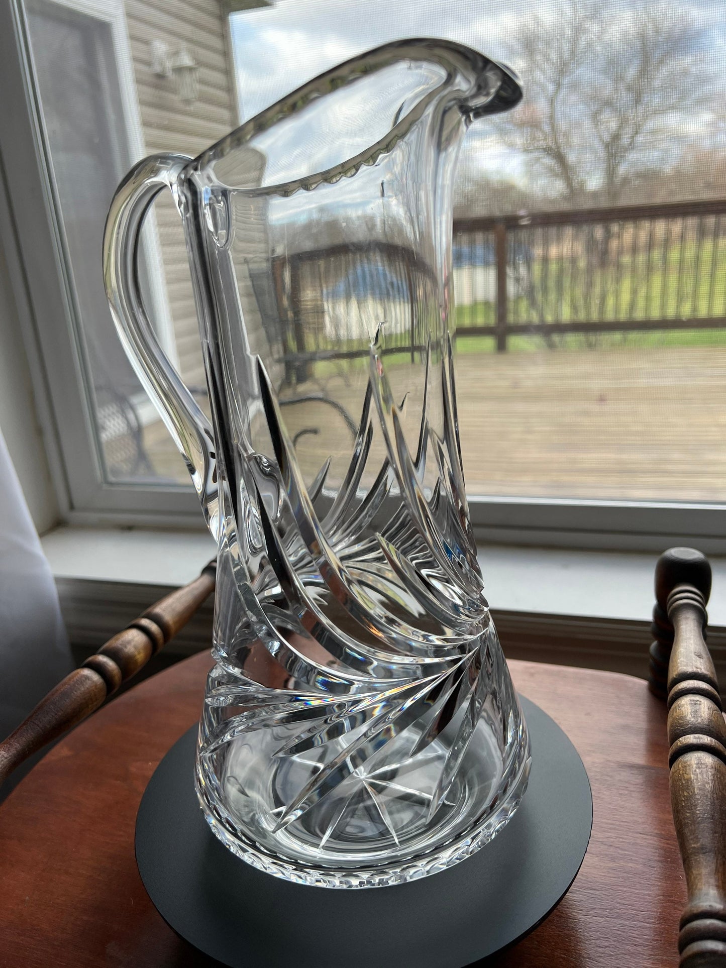 Vintage Cut Crystal Glass Pitcher Mid Century Modern Art Glass Beautiful Spout Heavy Glass