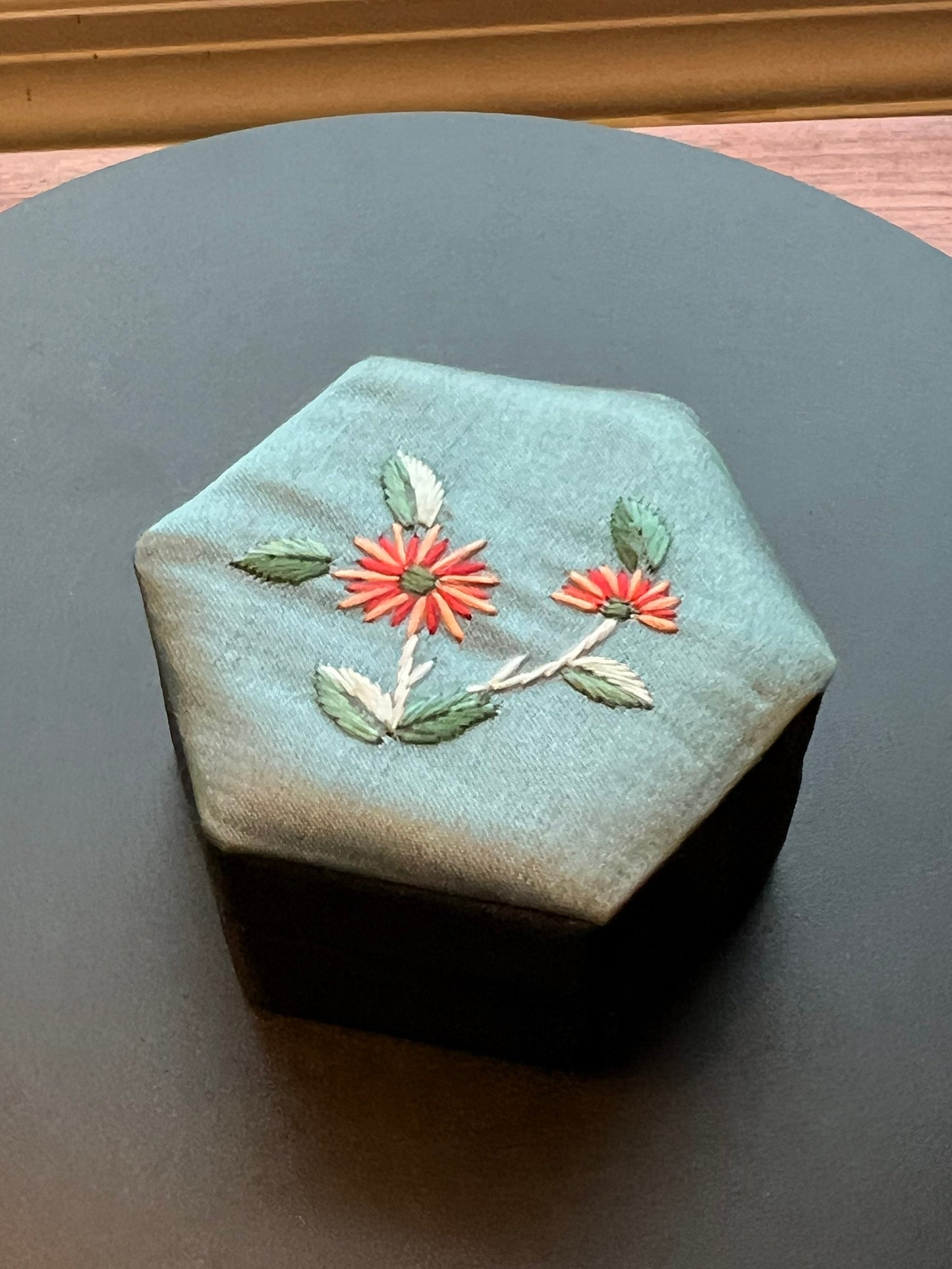 Vintage Flower Embossed Pentagon Ring Jewelry Box with embroidered lid gift boxes