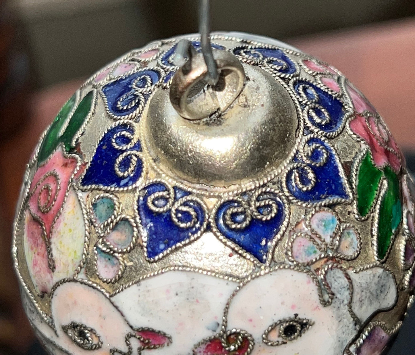 Vintage Cloisonné Christmas Holiday Round Ornament with Doves and Pink Flowers from NYCO Ornaments Silver Tone Lover Antiques and Vintage