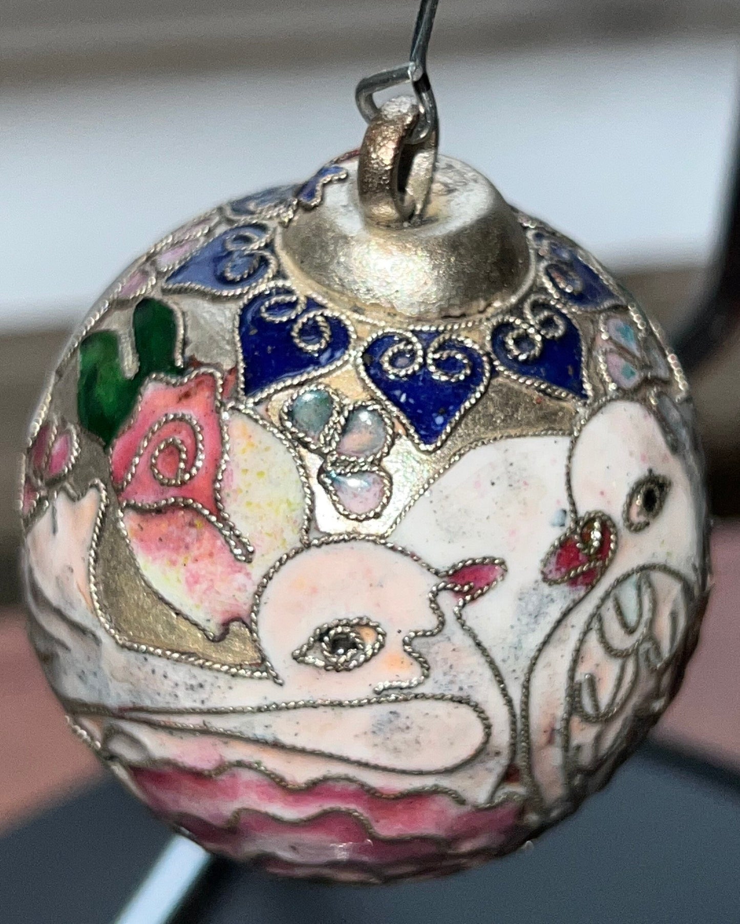 Vintage Cloisonné Christmas Holiday Round Ornament with Doves and Pink Flowers from NYCO Ornaments Silver Tone Lover Antiques and Vintage