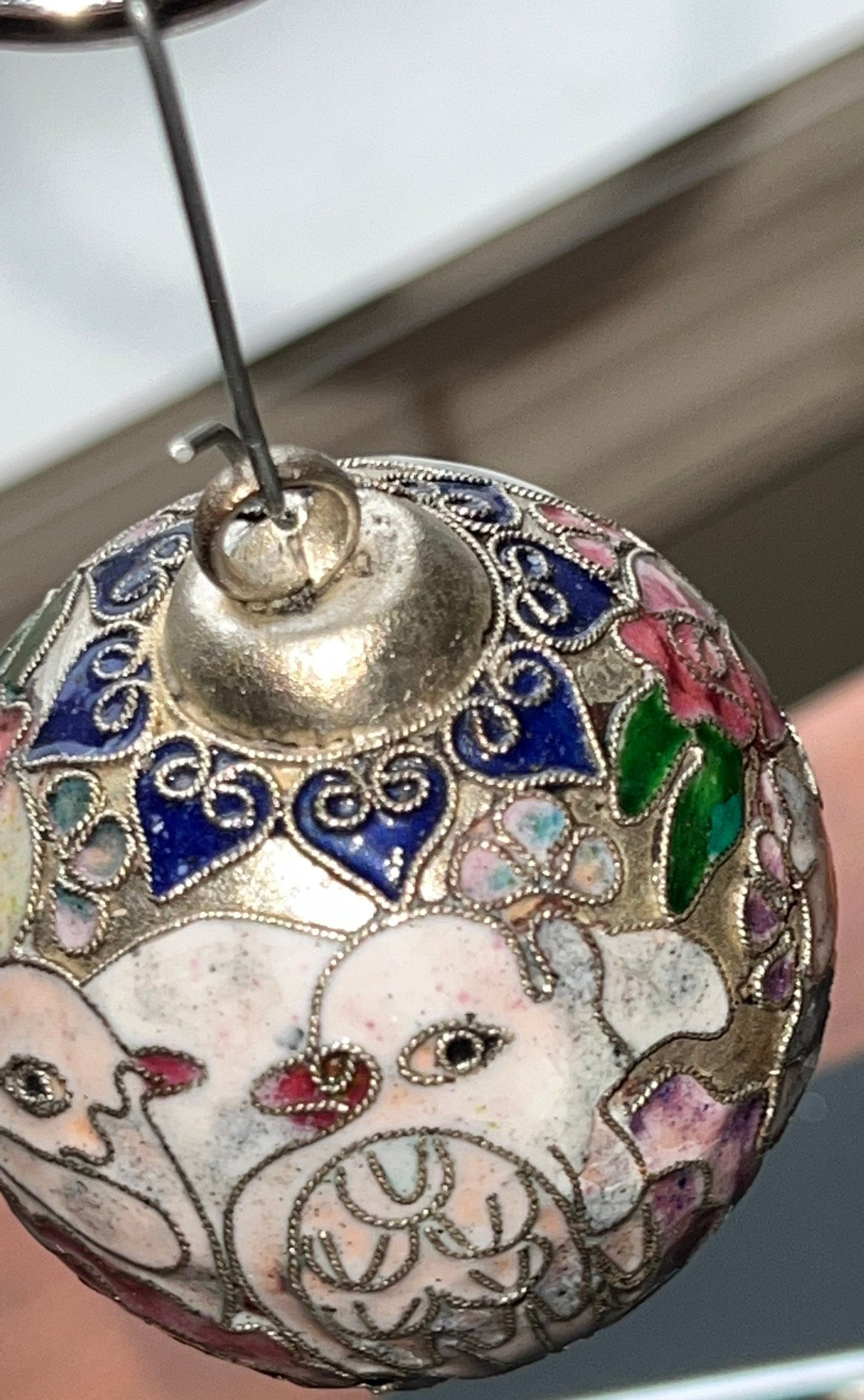 Vintage Cloisonné Christmas Holiday Round Ornament with Doves and Pink Flowers from NYCO Ornaments Silver Tone Lover Antiques and Vintage