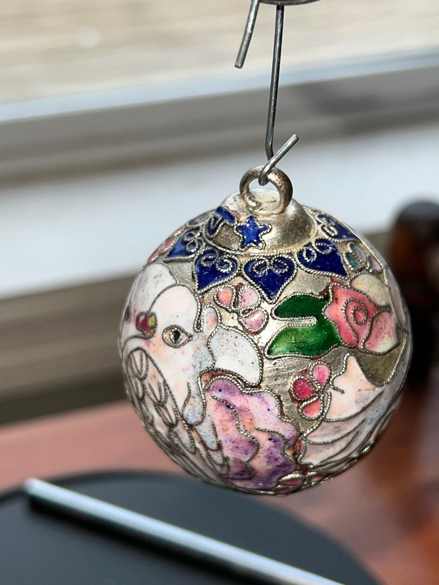 Vintage Cloisonné Christmas Holiday Round Ornament with Doves and Pink Flowers from NYCO Ornaments Silver Tone Lover Antiques and Vintage