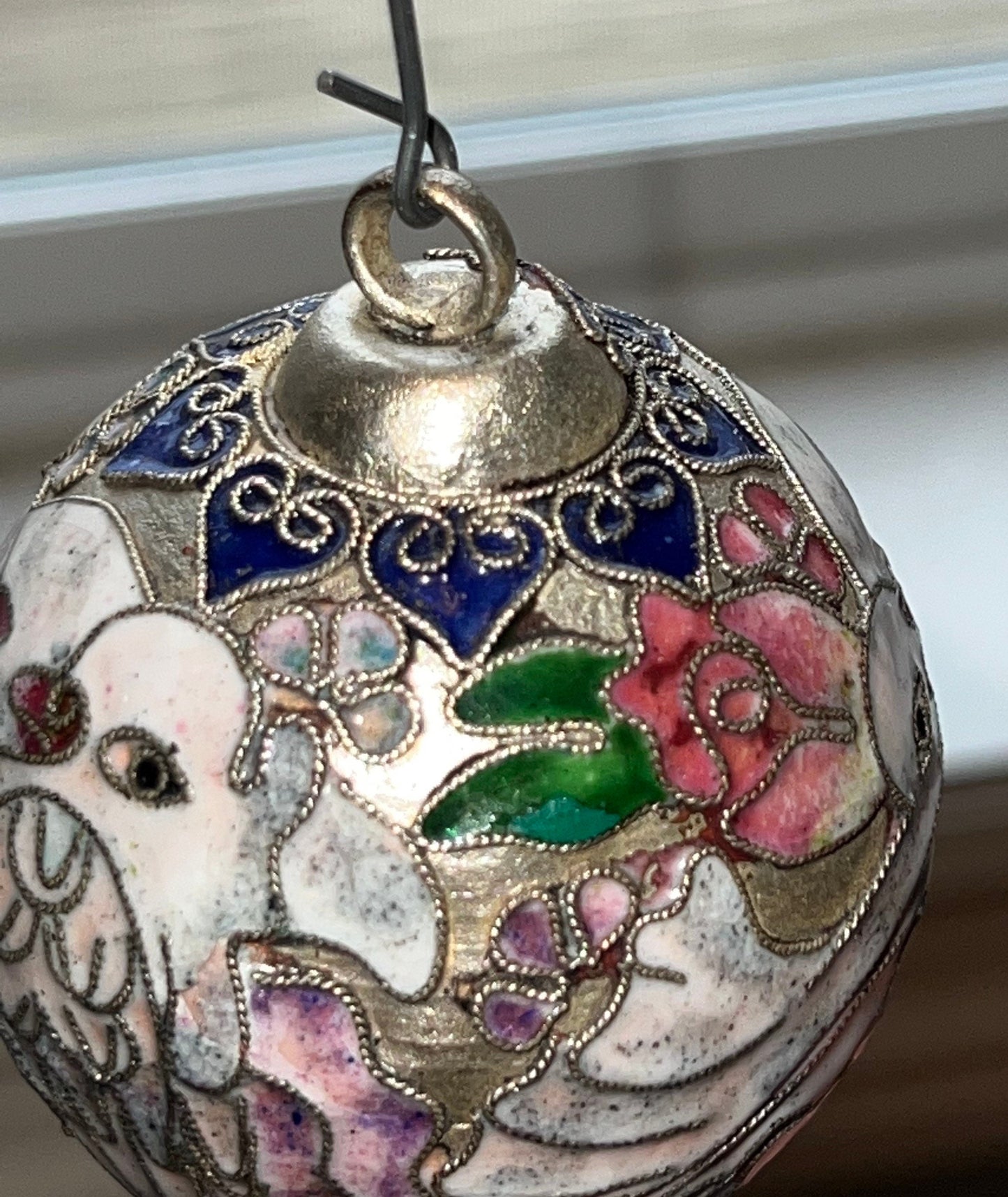 Vintage Cloisonné Christmas Holiday Round Ornament with Doves and Pink Flowers from NYCO Ornaments Silver Tone Lover Antiques and Vintage
