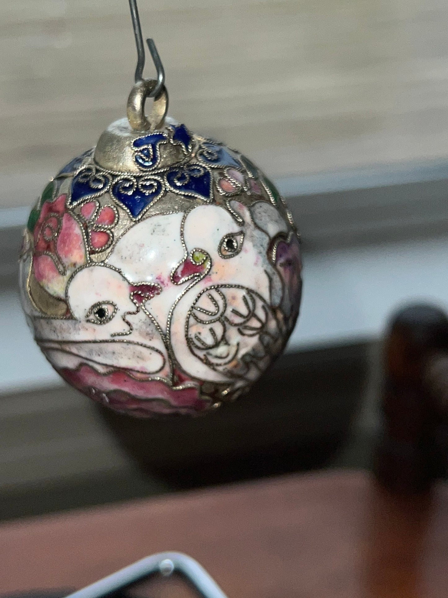 Vintage Cloisonné Christmas Holiday Round Ornament with Doves and Pink Flowers from NYCO Ornaments Silver Tone Lover Antiques and Vintage