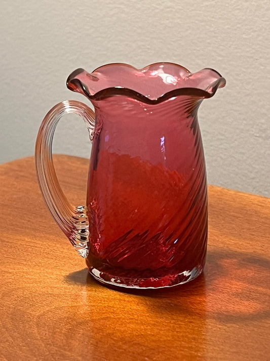 Vintage Fenton Cranberry Pitcher with Ruffled Rim handle Hand Blown with Gold Pink Art Glass Great Gift!