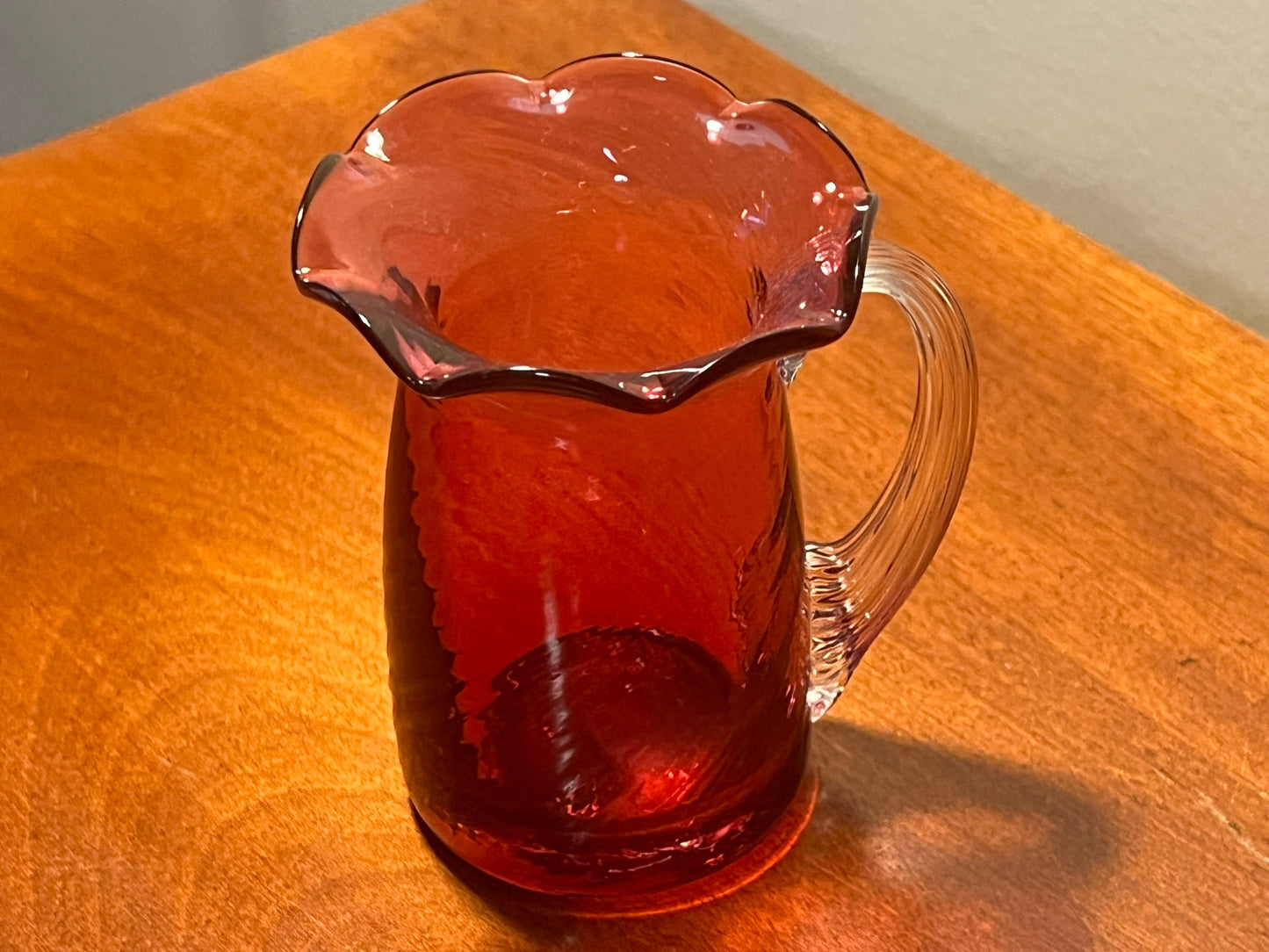 Vintage Fenton Cranberry Pitcher with Ruffled Rim handle Hand Blown with Gold Pink Art Glass Great Gift!
