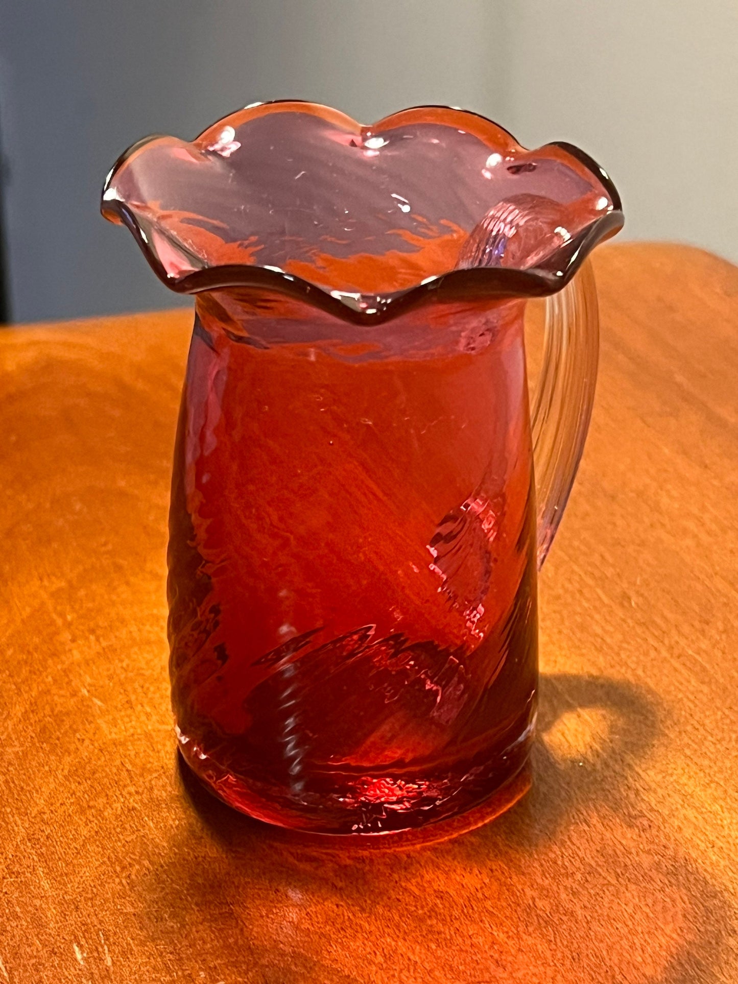 Vintage Fenton Cranberry Pitcher with Ruffled Rim handle Hand Blown with Gold Pink Art Glass Great Gift!