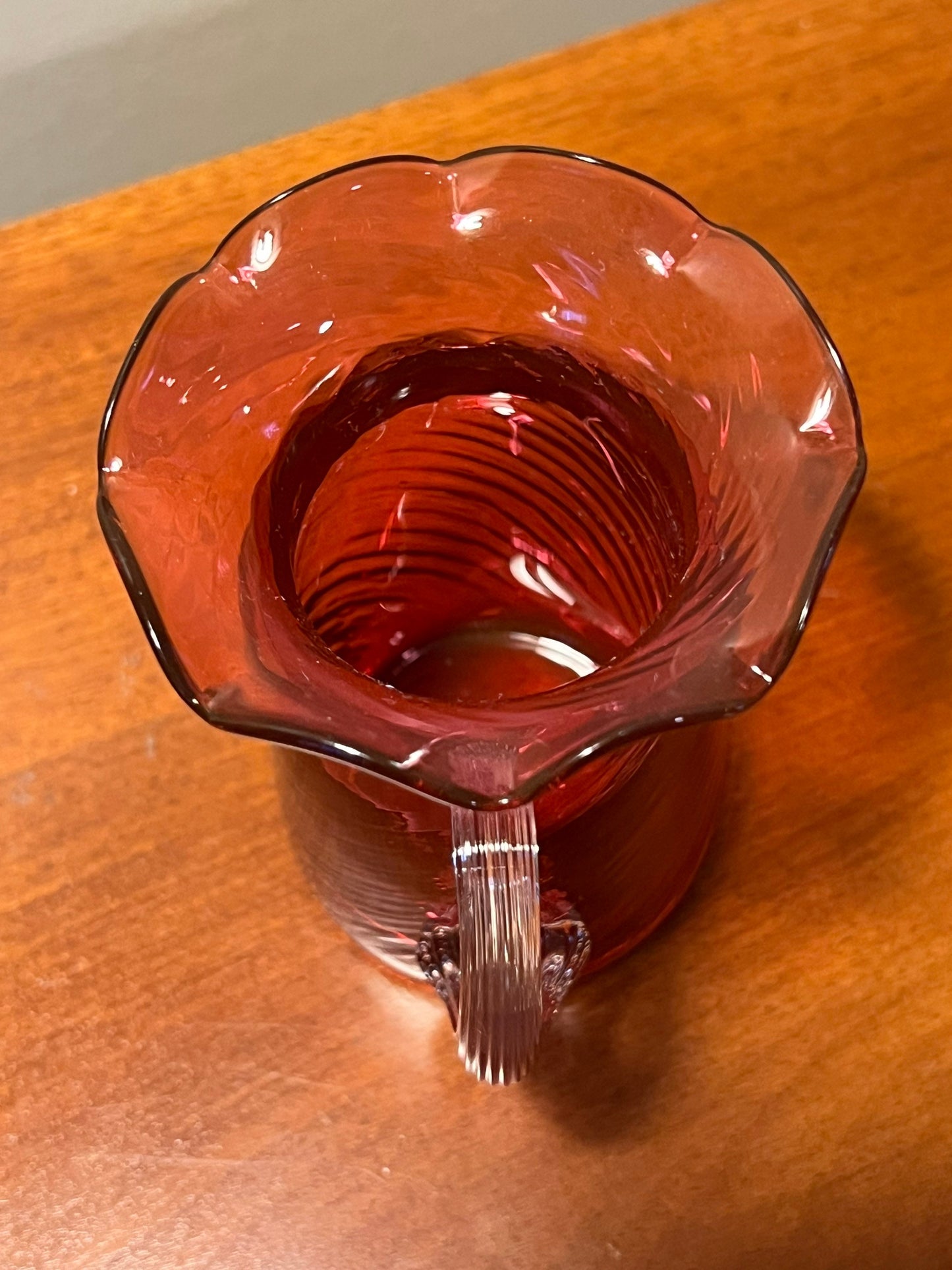 Vintage Fenton Cranberry Pitcher with Ruffled Rim handle Hand Blown with Gold Pink Art Glass Great Gift!
