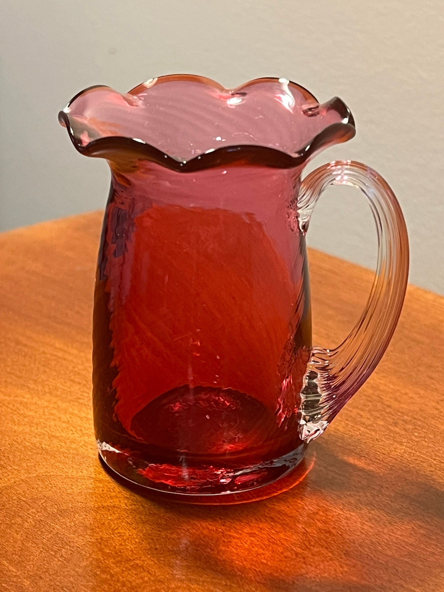 Vintage Fenton Cranberry Pitcher with Ruffled Rim handle Hand Blown with Gold Pink Art Glass Great Gift!