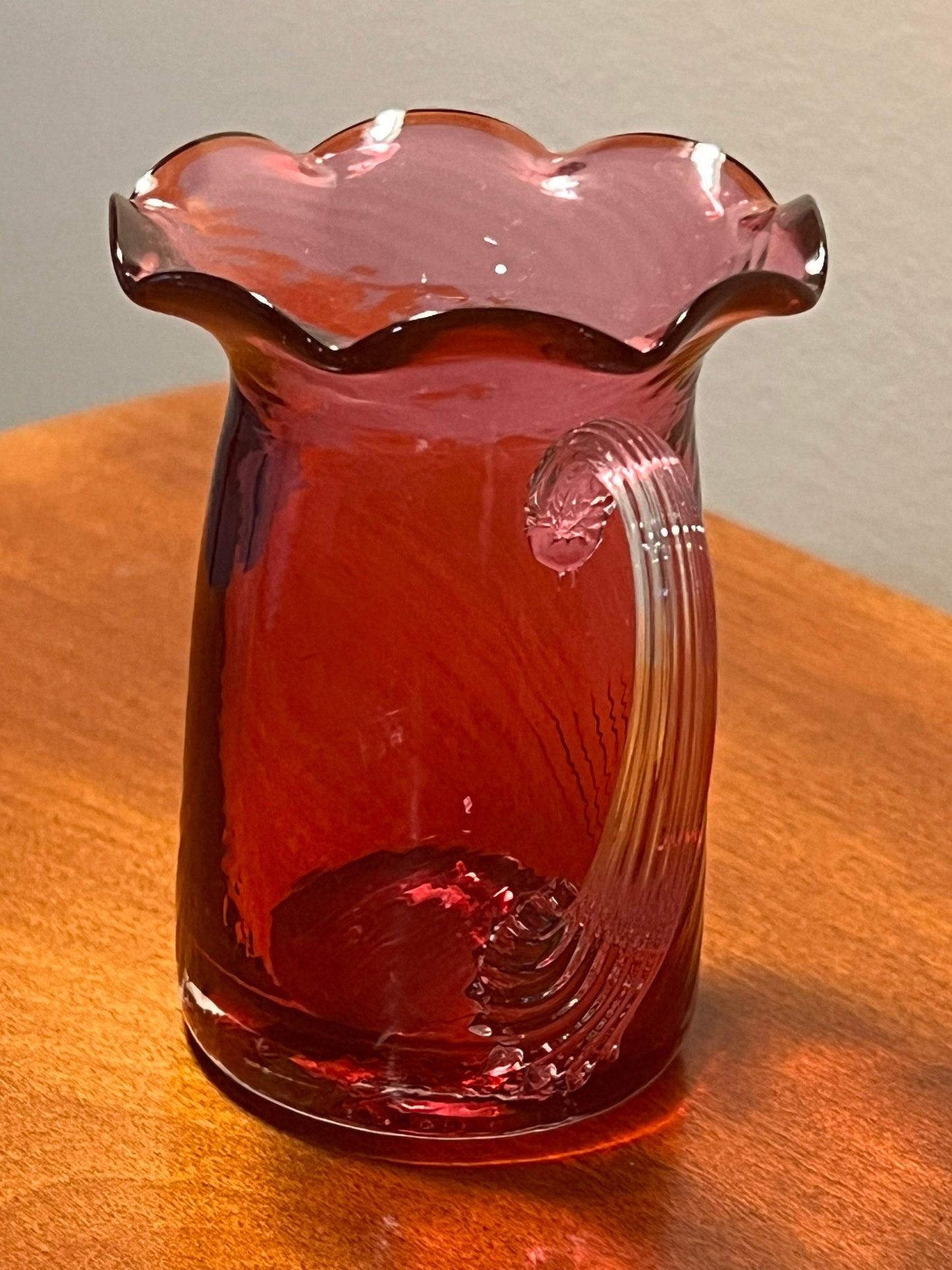 Vintage Fenton Cranberry Pitcher with Ruffled Rim handle Hand Blown with Gold Pink Art Glass Great Gift!