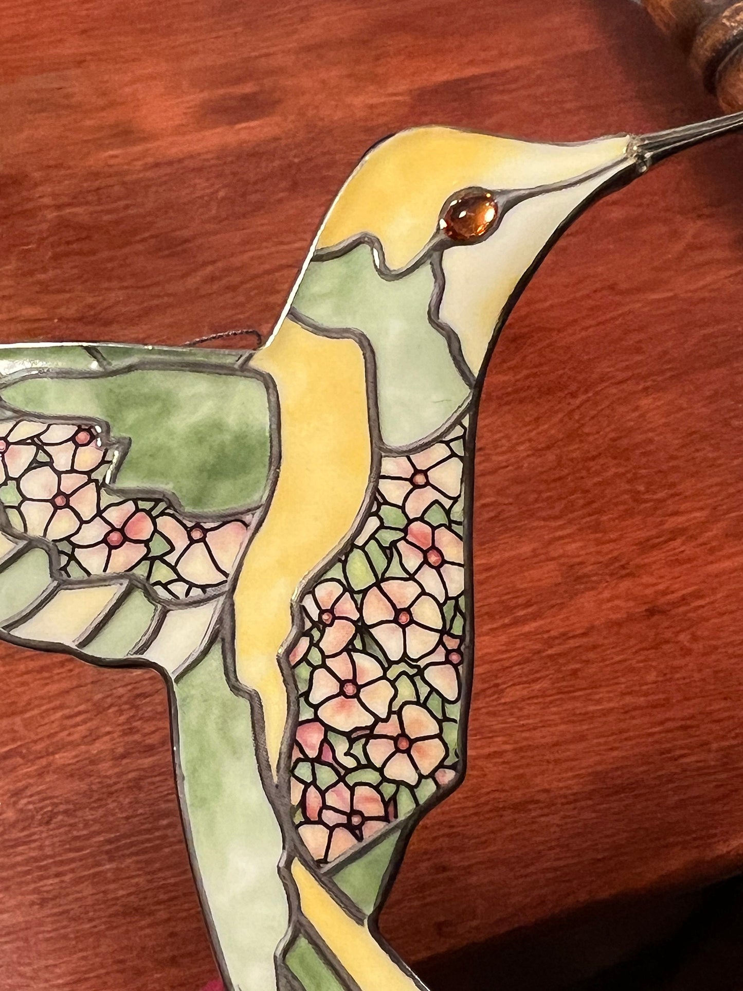 Vintage Yellow & Green Hummingbird Stained Glass Art Sun Catcher pink bird ornament Bradford Exchange Garden Jewels