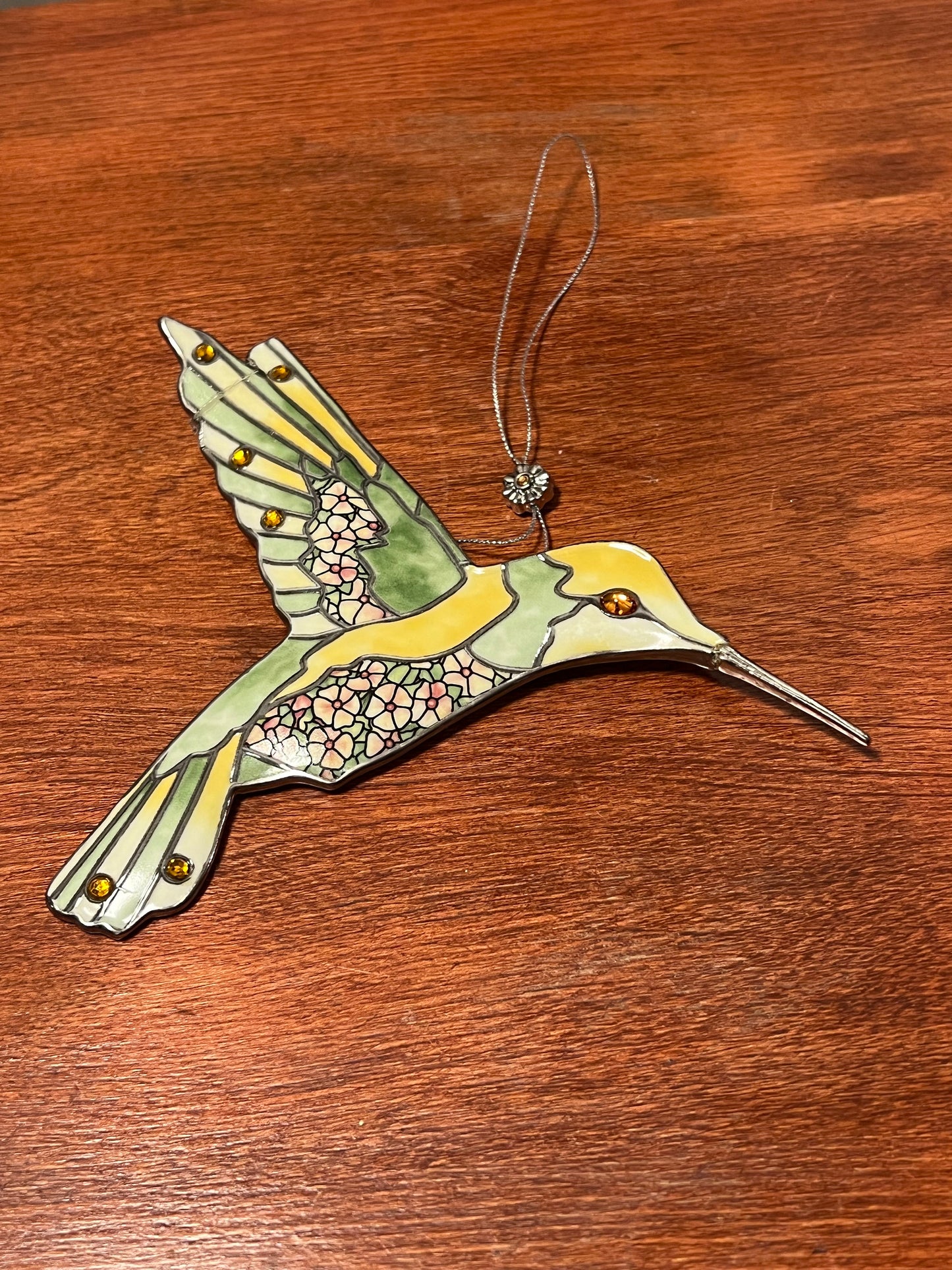 Vintage Yellow & Green Hummingbird Stained Glass Art Sun Catcher pink bird ornament Bradford Exchange Garden Jewels