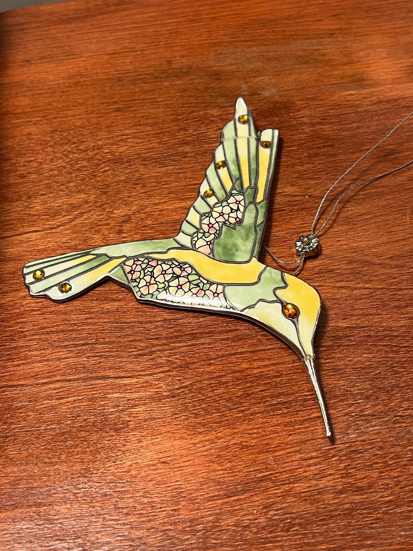 Vintage Yellow & Green Hummingbird Stained Glass Art Sun Catcher pink bird ornament Bradford Exchange Garden Jewels