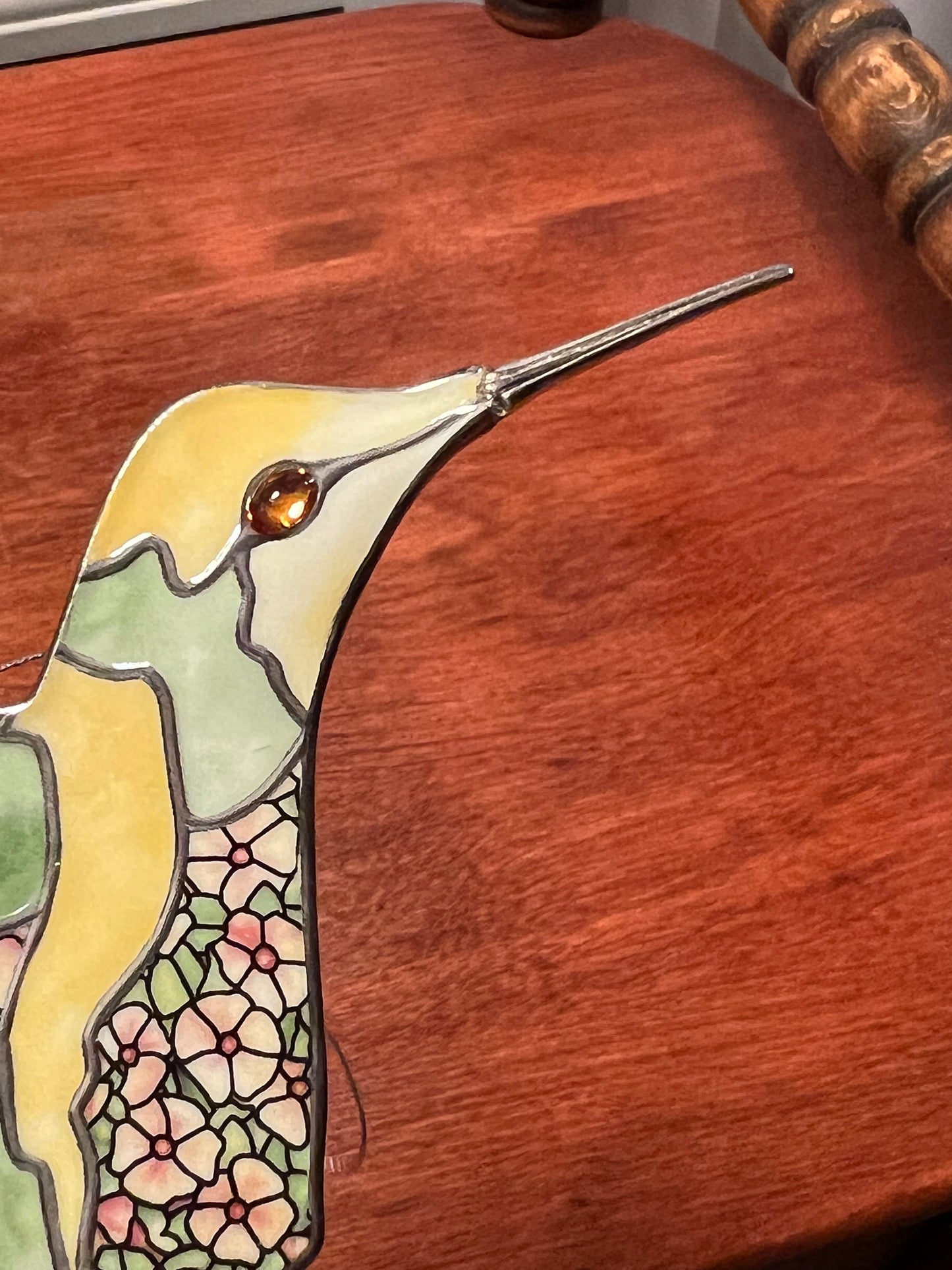 Vintage Yellow & Green Hummingbird Stained Glass Art Sun Catcher pink bird ornament Bradford Exchange Garden Jewels